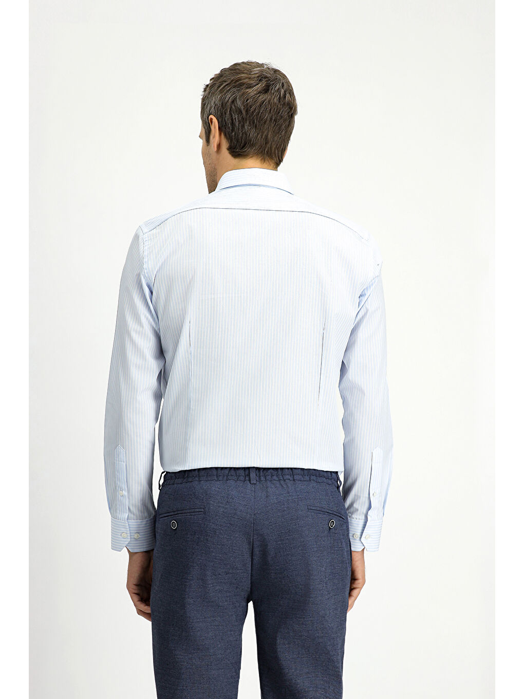 Mavi Uzun Kol Klasik Çizgili Pamuk Gömlek-3