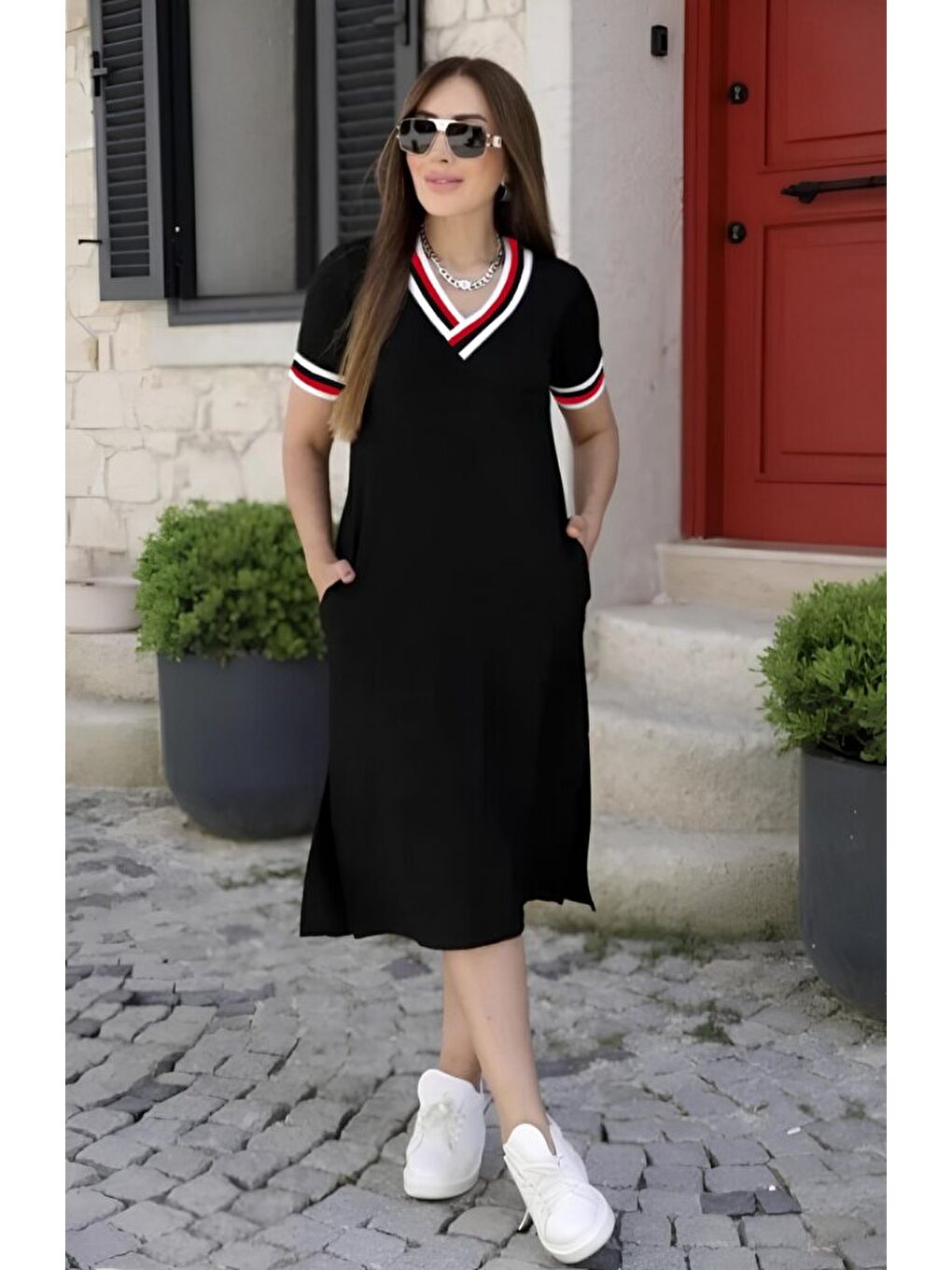 Kırmızı Kadın Kısa Kollu V Yaka Ribana Detay Midiboy Viskon Elbise-2