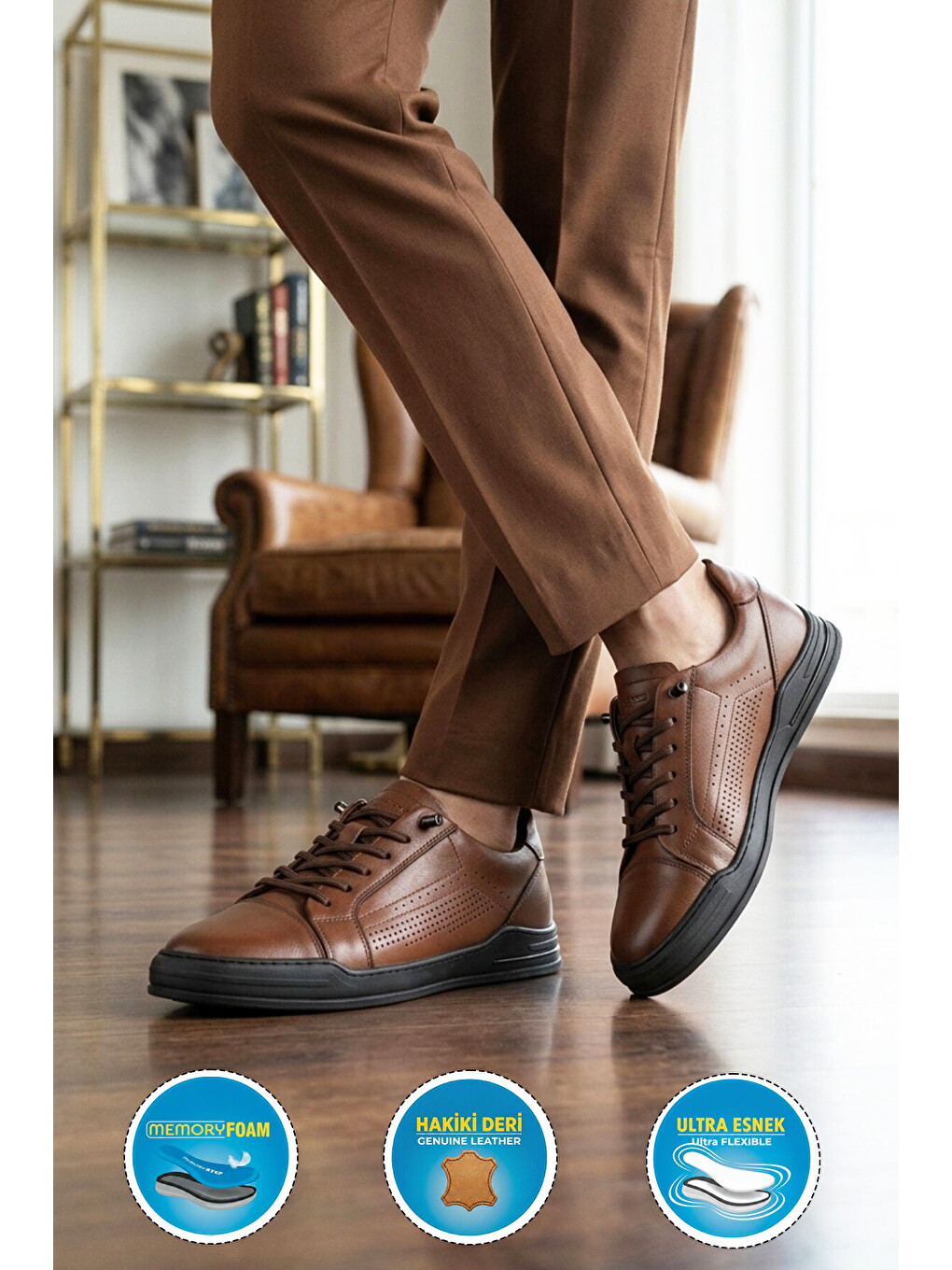 Kahverengi Ceviz Hakiki Deri Erkek Sneaker Delikli Nefes Alabilen Casual Memory Taban M682 M-2