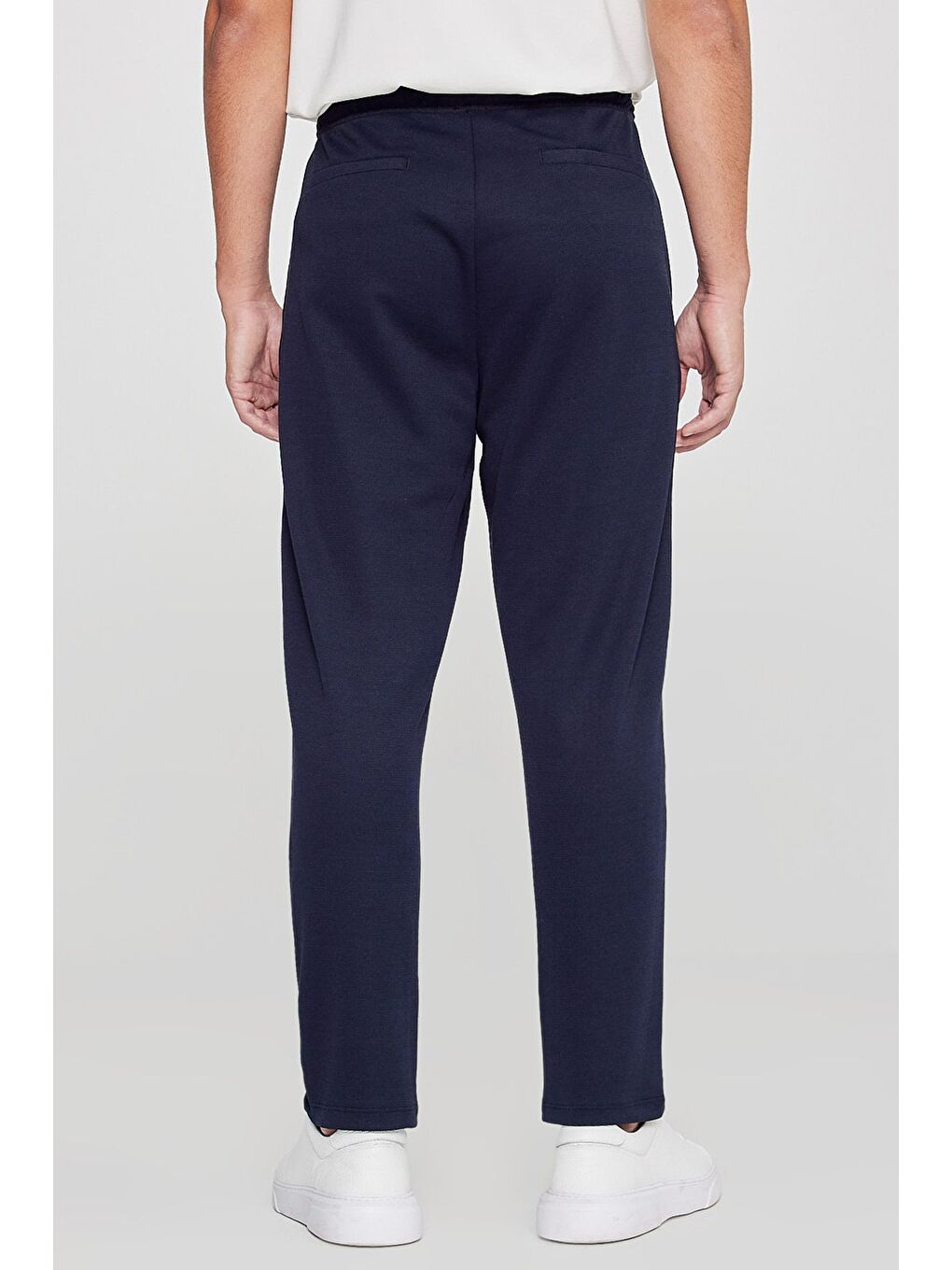 Erkek Lacivert Pamuklu Standart Fit Normal Kesim Beli Lastikli Diagonal Desenli Örme Pantolon-4