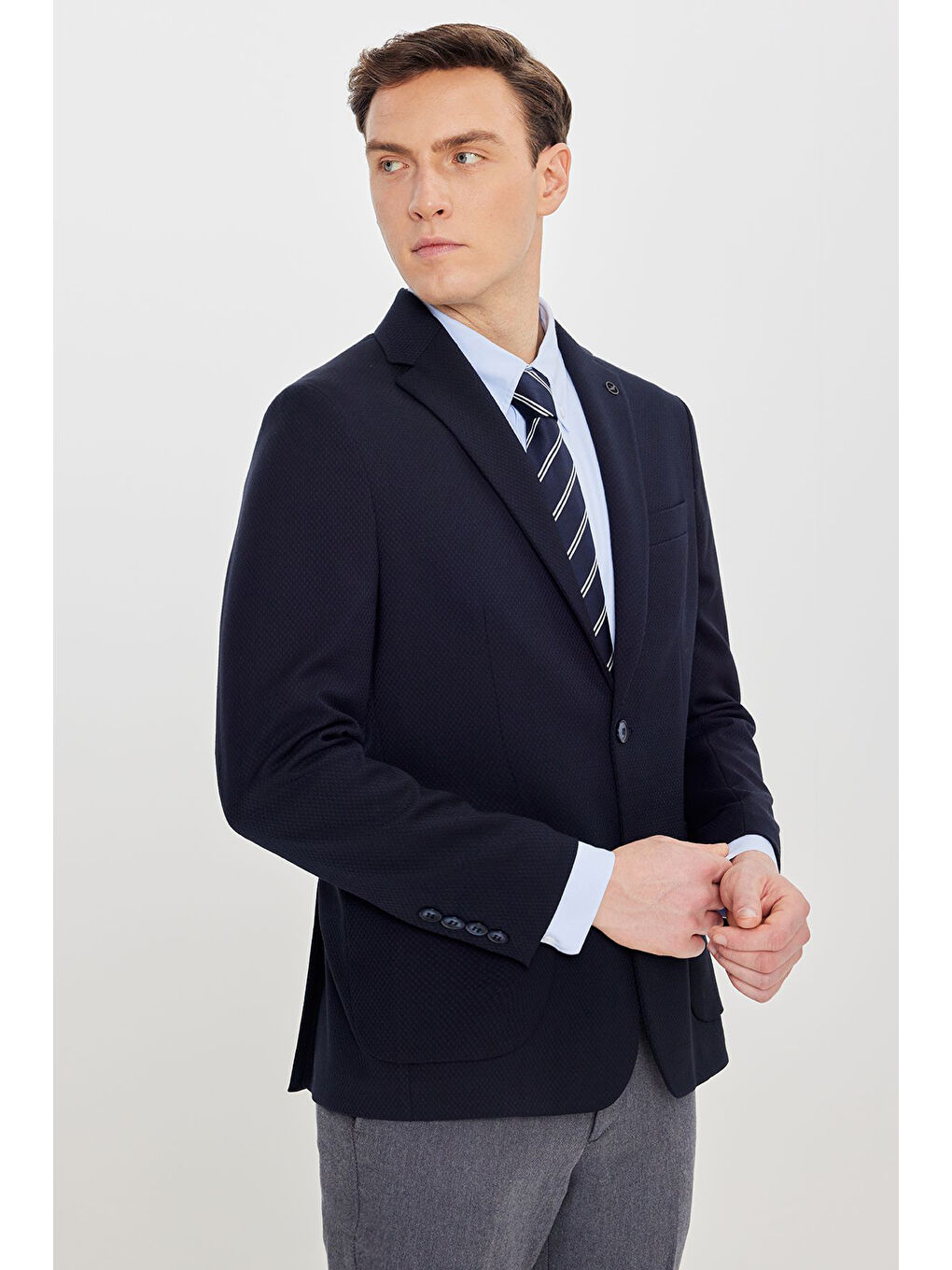 Erkek Lacivert Yünlü Regular Fit Normal Kesim Mono Yaka Torba Cepli Blazer Ceket-2
