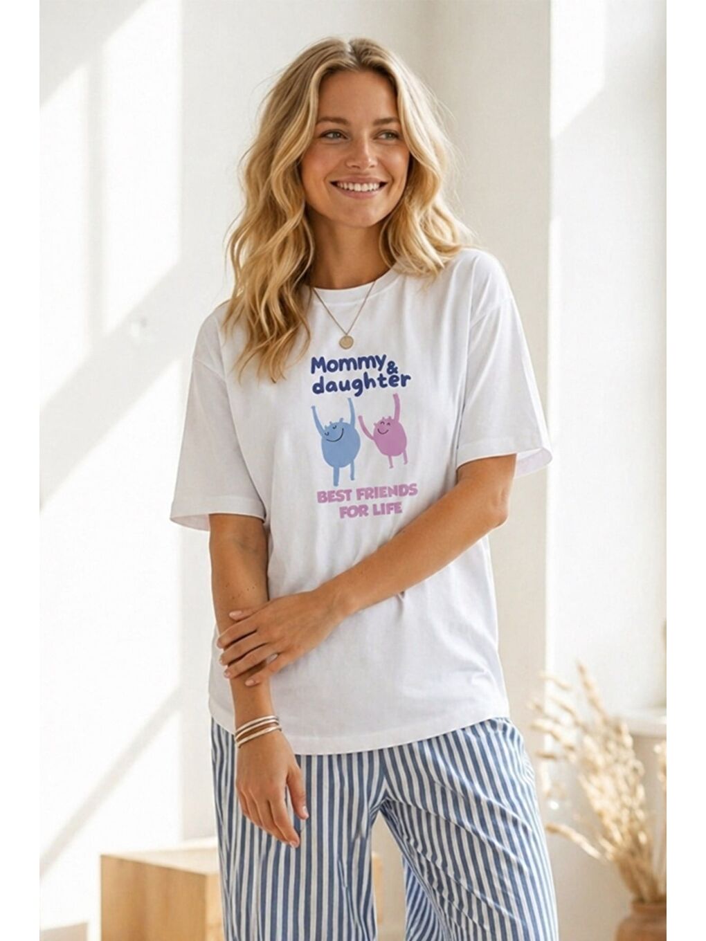 Ekru Kadın Premium Kumaş Anne Kız Baskılı Oversize T-Shirt