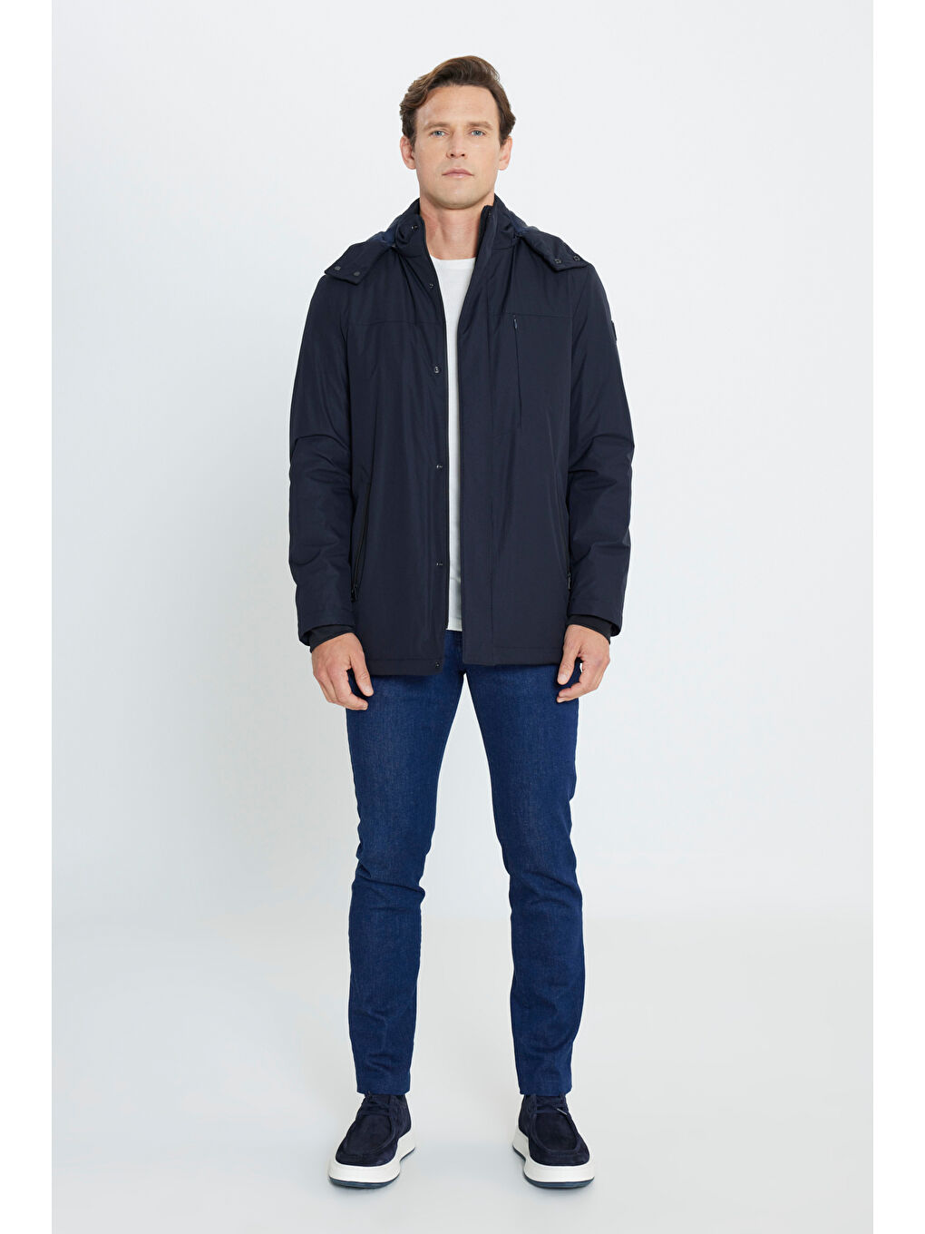 Erkek Lacivert Standart Fit Normal Kesim Çıkma Kapüşonlu Kaban-1