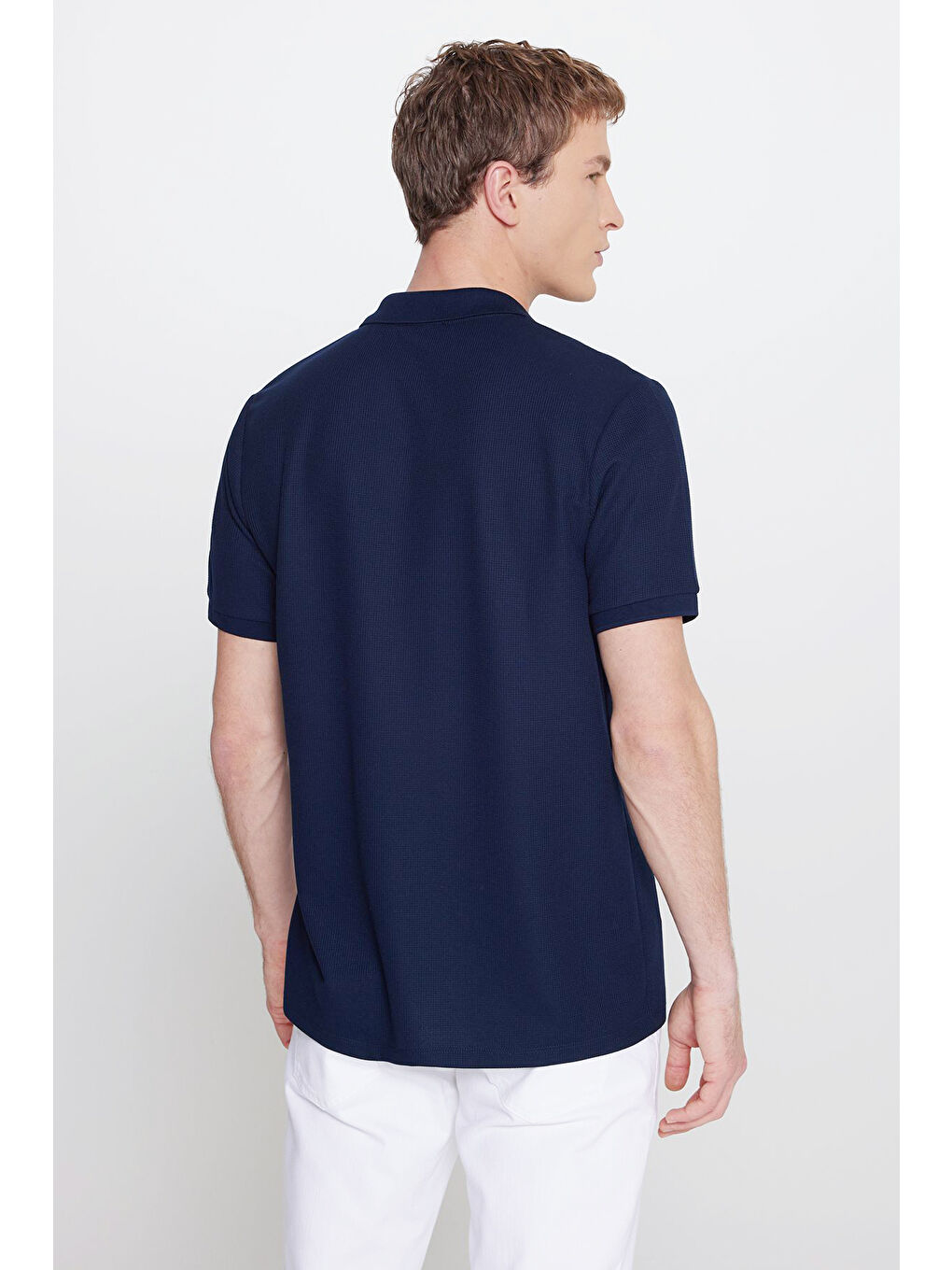 Erkek Lacivert Slim Fit Dar Kesim Polo Yaka Jakarlı Esnek Tişört-4