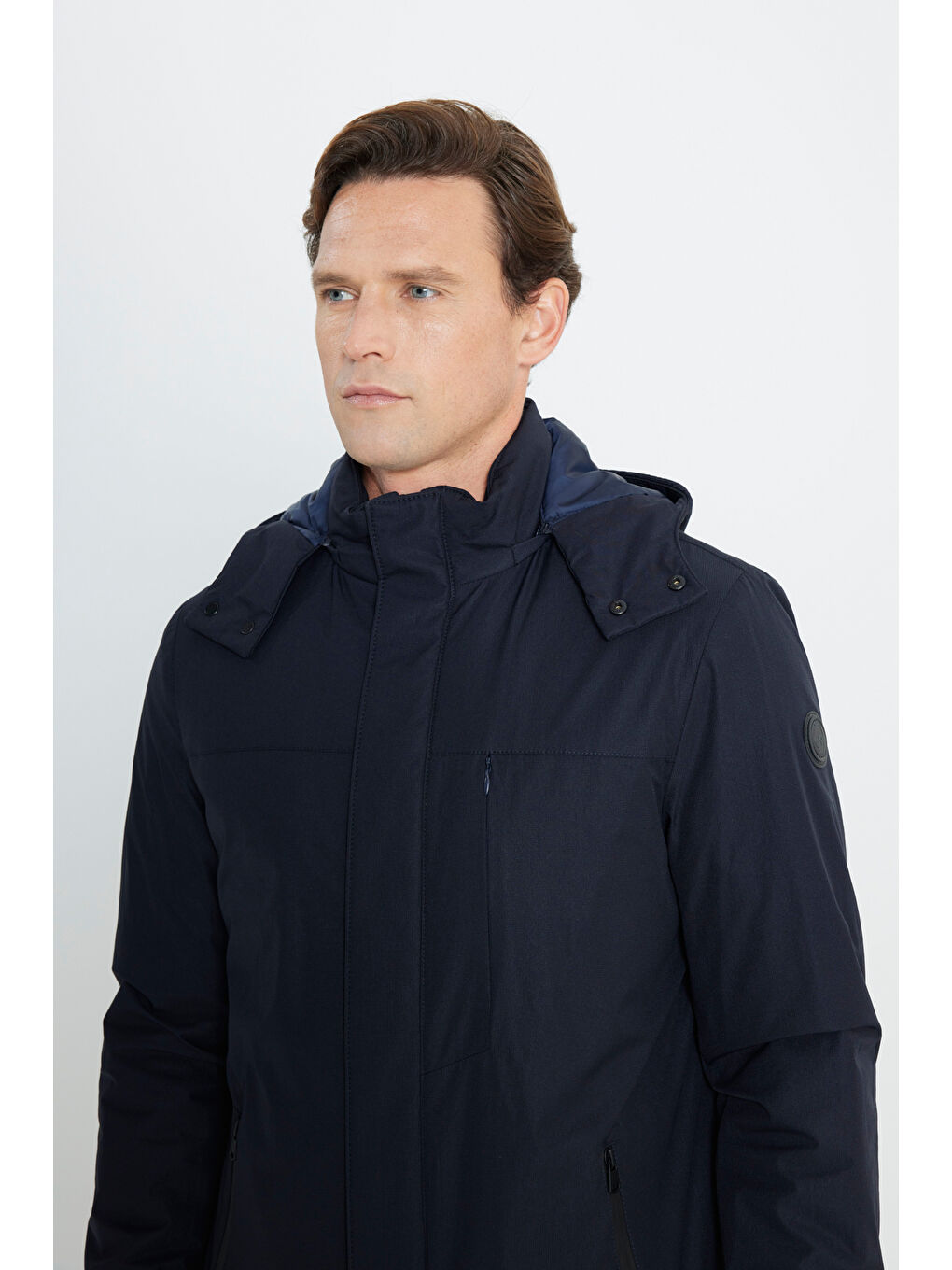 Erkek Lacivert Standart Fit Normal Kesim Çıkma Kapüşonlu Kaban-3