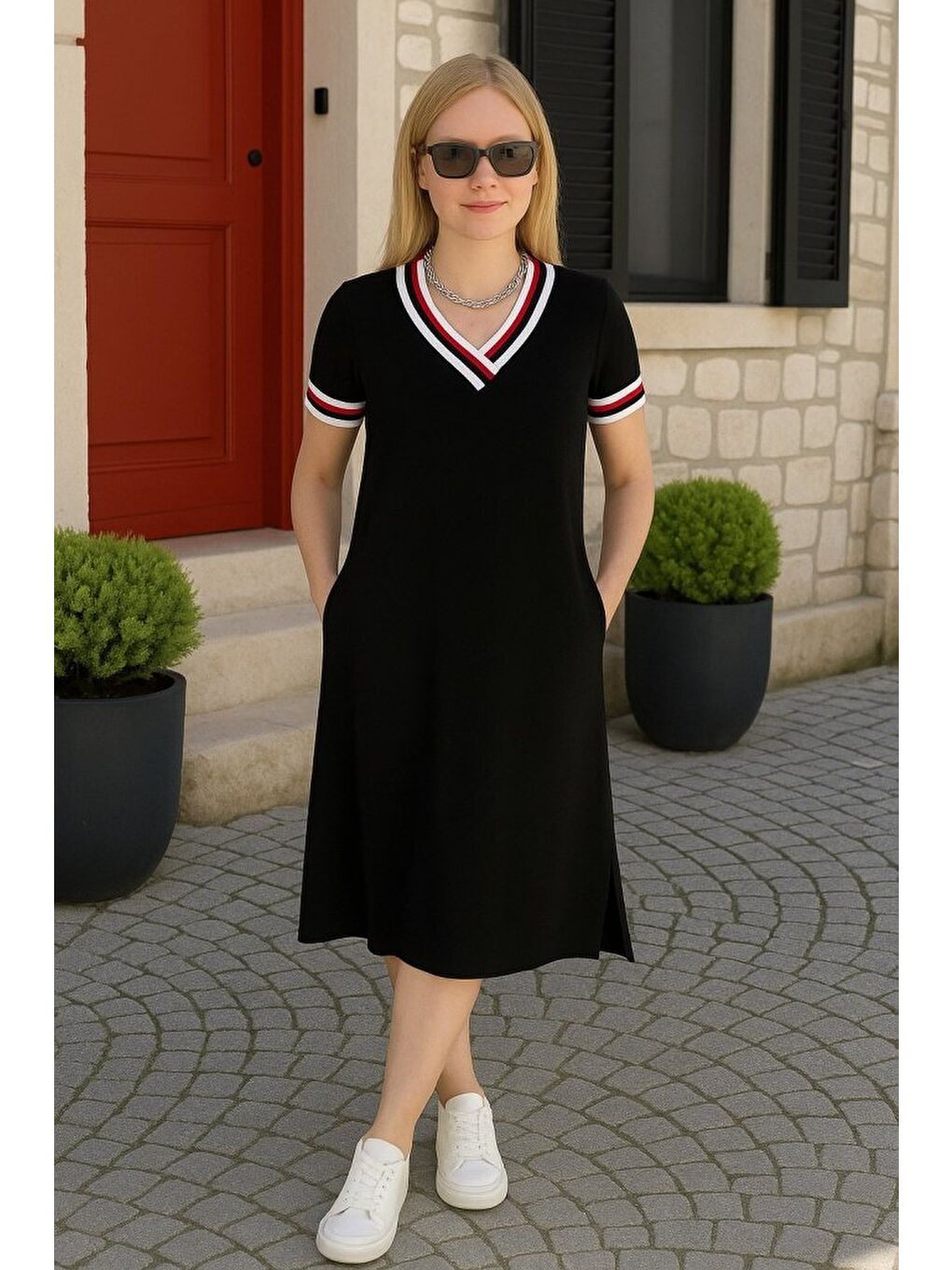 Kırmızı Kadın Kısa Kollu V Yaka Ribana Detay Midiboy Viskon Elbise-4