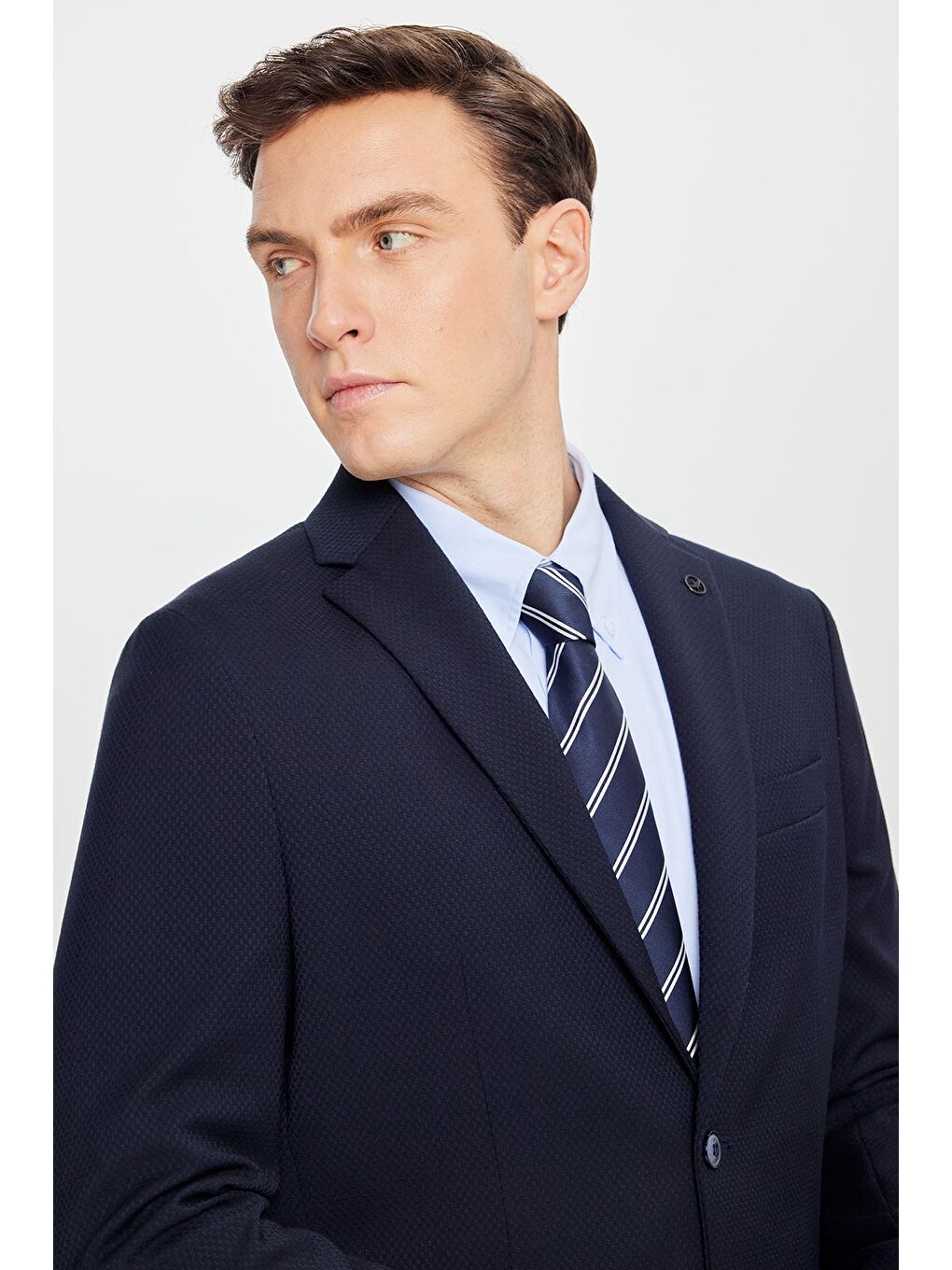 Erkek Lacivert Yünlü Regular Fit Normal Kesim Mono Yaka Torba Cepli Blazer Ceket-3