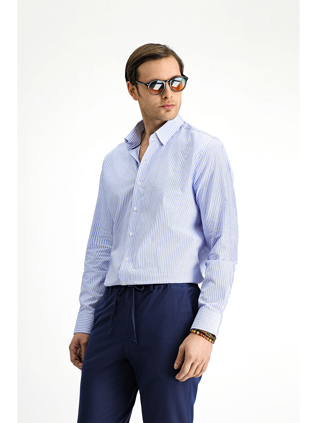 Mavi Uzun Kol Klasik Çizgili Pamuk %100 Pamuk Gömlek