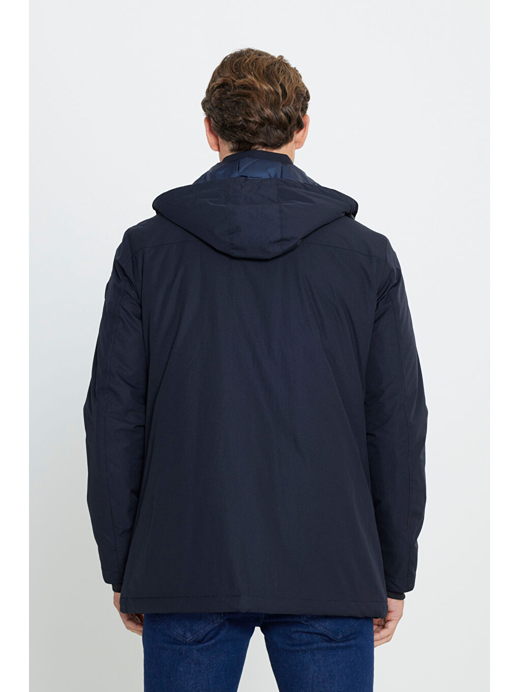 Erkek Lacivert Standart Fit Normal Kesim Çıkma Kapüşonlu Kaban-4