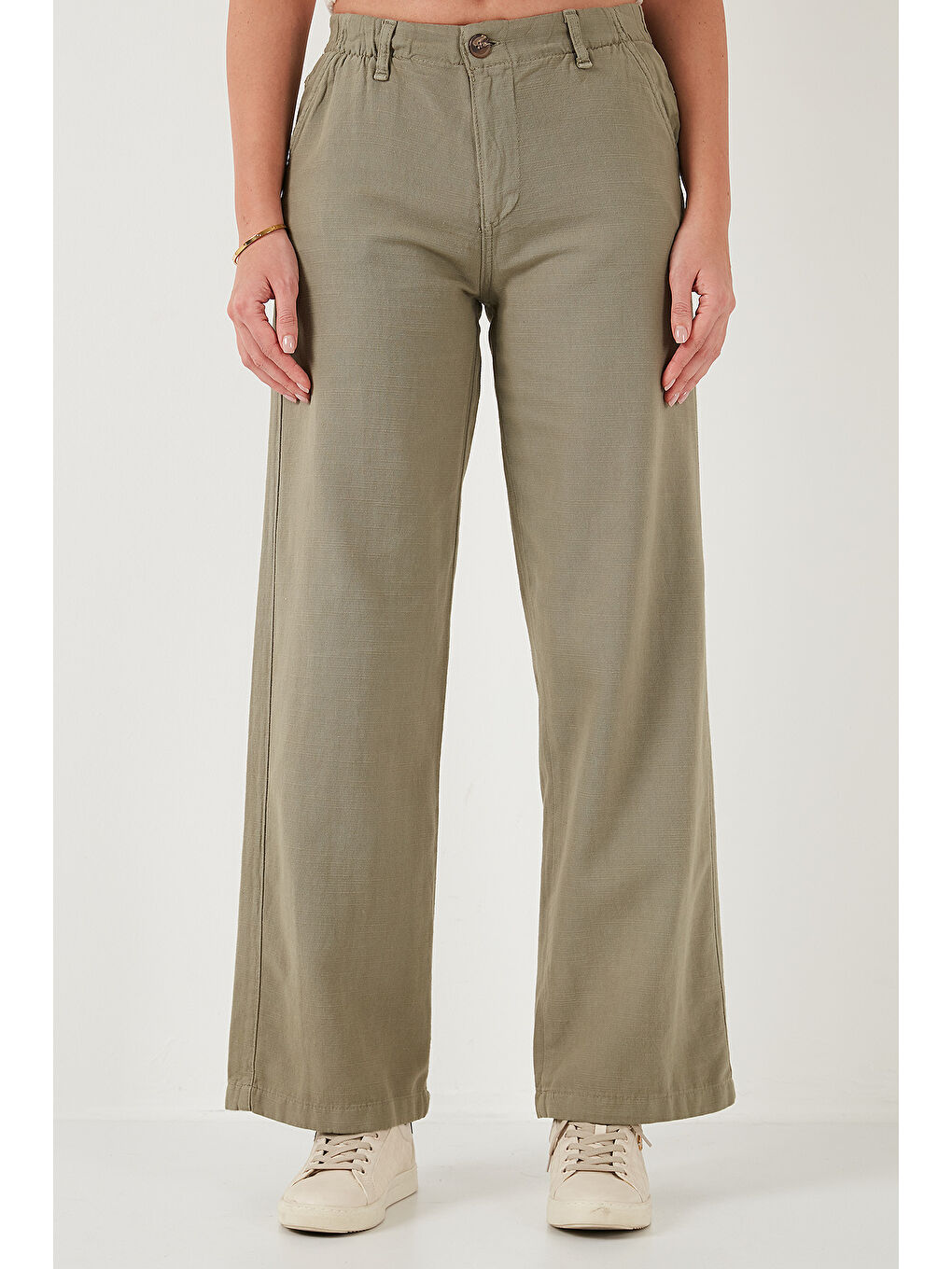 Haki Pamuklu Standart Fit Yüksek Bel Geniş Paça Pantolon 668Yp5193-1