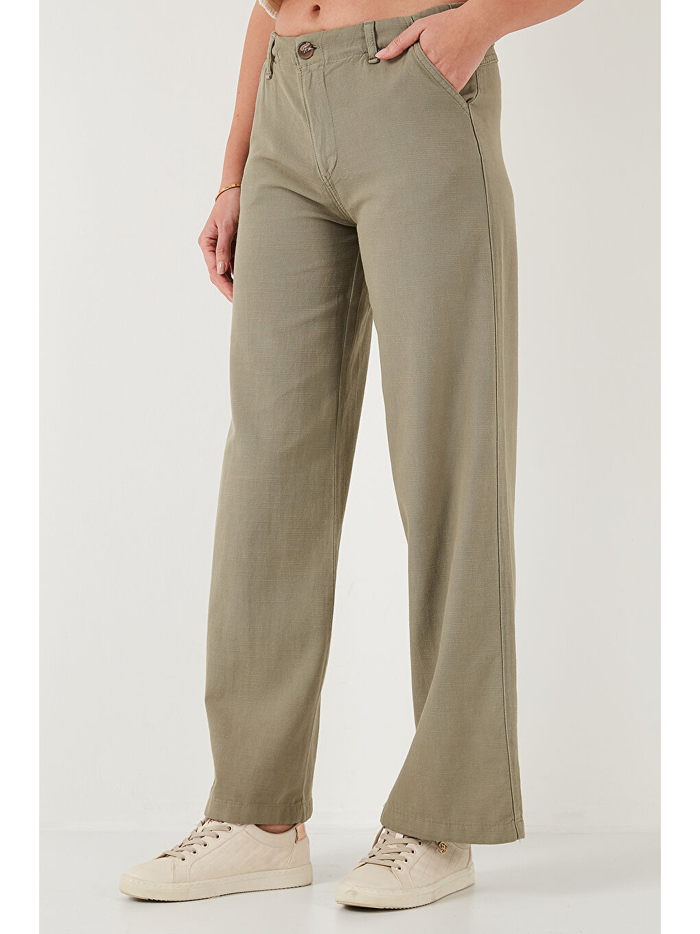 Haki Pamuklu Standart Fit Yüksek Bel Geniş Paça Pantolon 668Yp5193-2