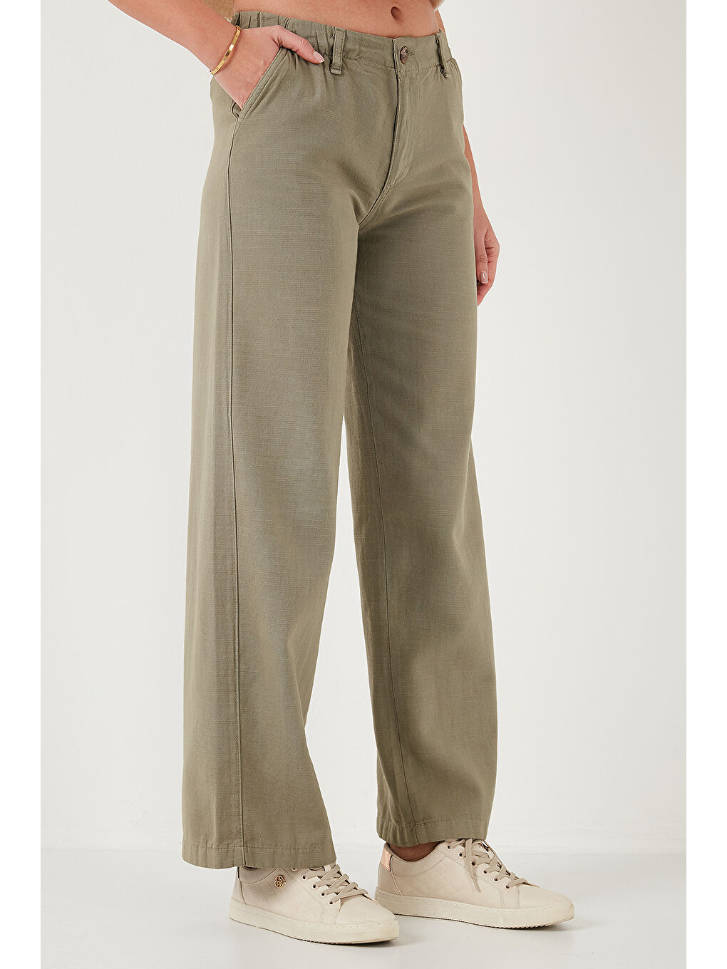 Haki Pamuklu Standart Fit Yüksek Bel Geniş Paça Pantolon 668Yp5193-3