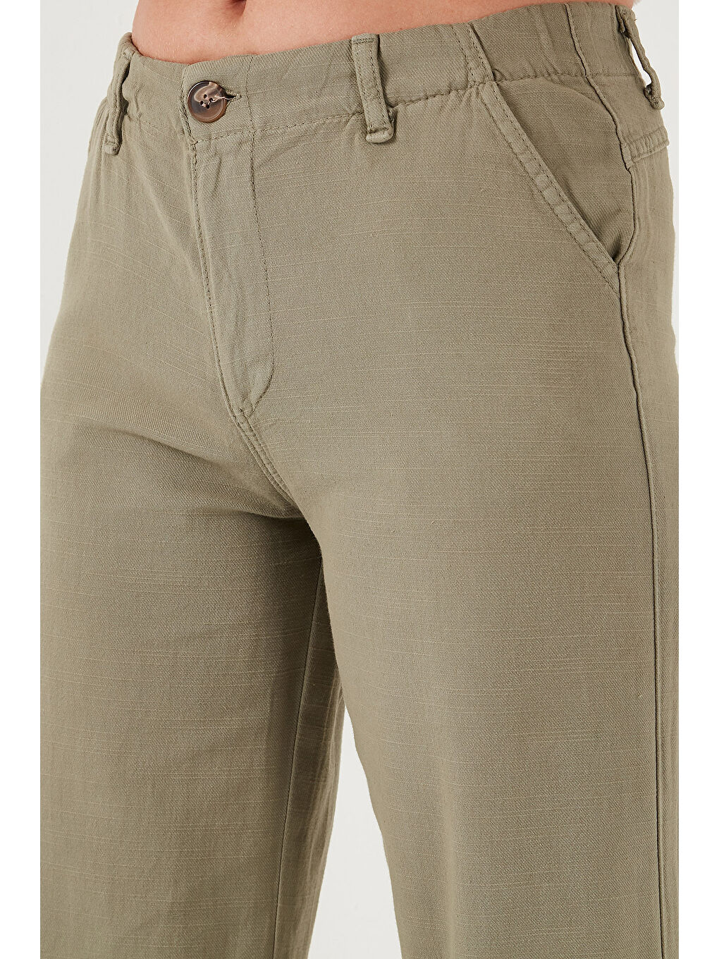 Haki Pamuklu Standart Fit Yüksek Bel Geniş Paça Pantolon 668Yp5193-4