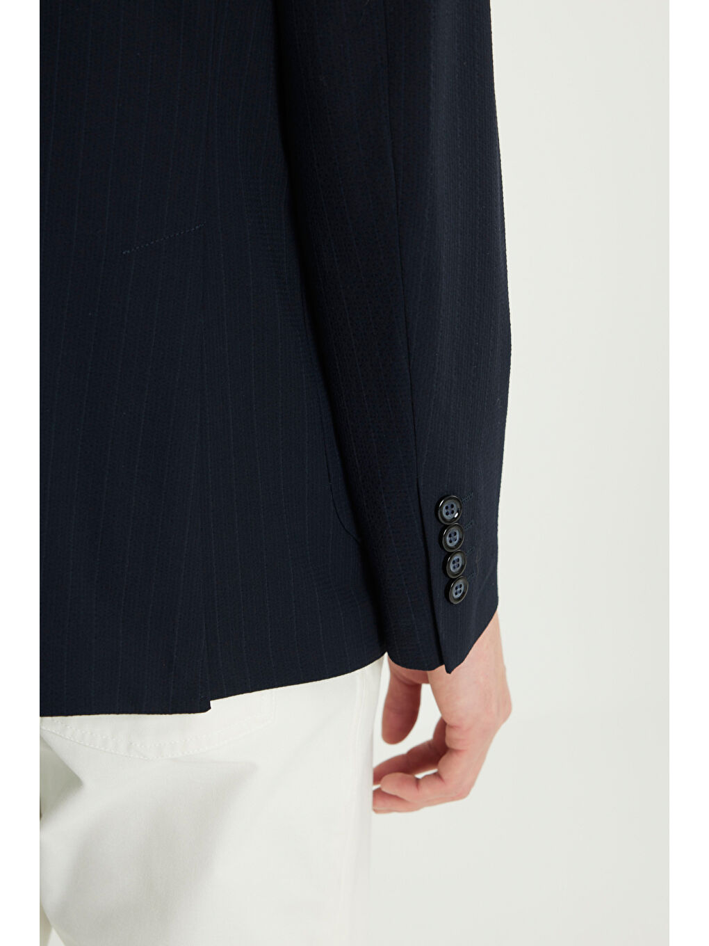 Erkek Lacivert Slim Fit Dar Kesim Mono Yaka Kapak Cepli Gofre Desenli Blazer Ceket-7