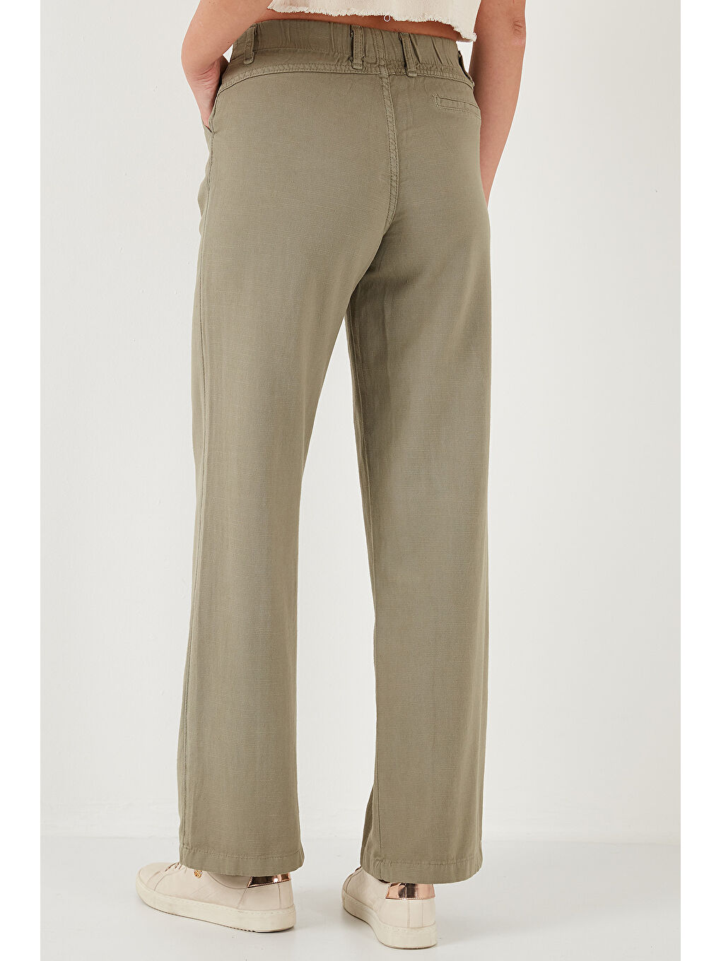 Haki Pamuklu Standart Fit Yüksek Bel Geniş Paça Pantolon 668Yp5193-5