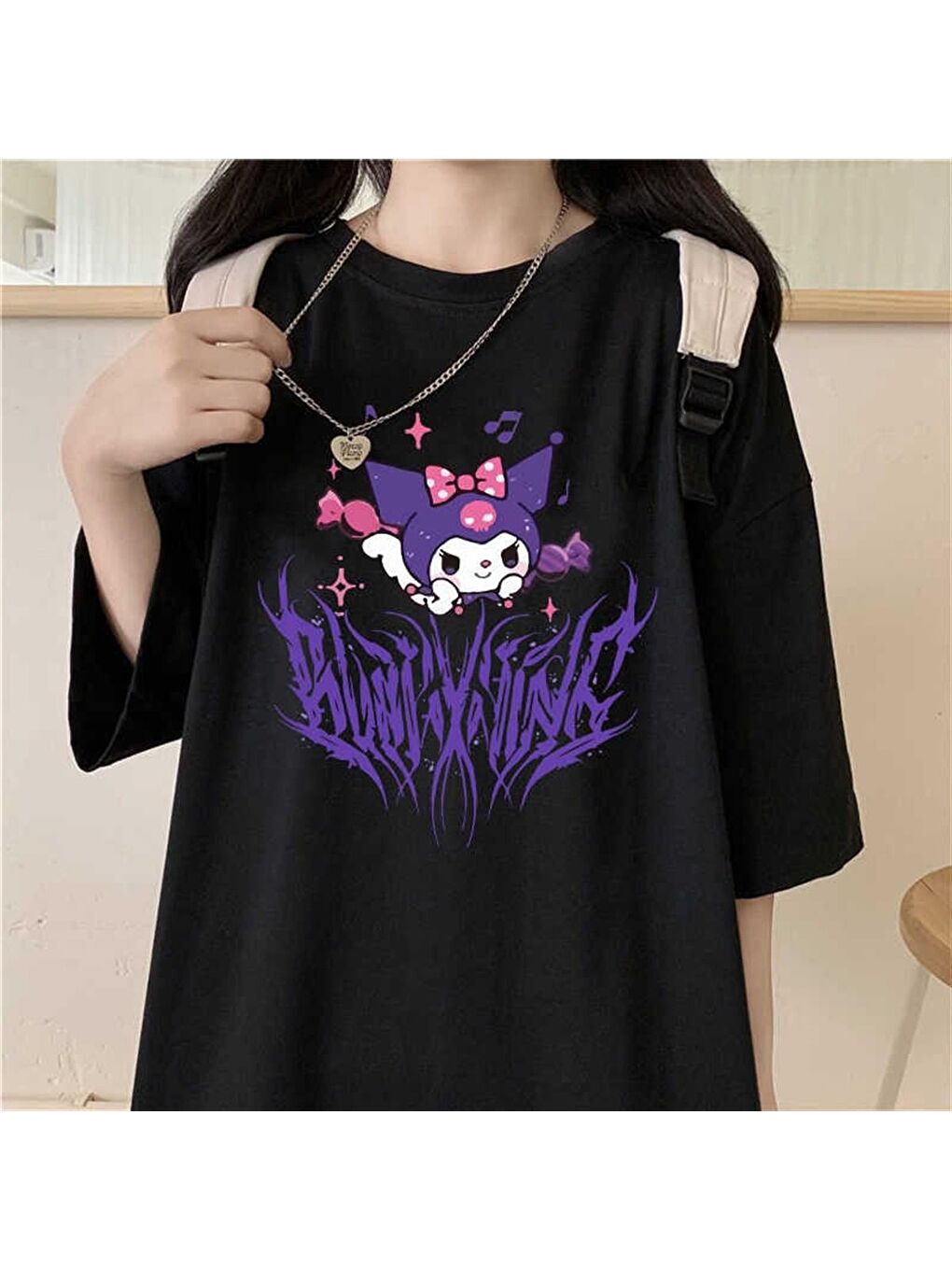 Touz Moda Siyah Harajuku Kuromi Gotik Unisex  Oversize T-shirt