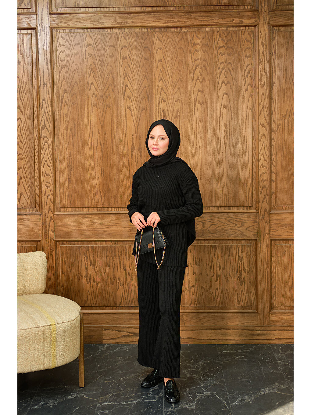 Kadın Bisiklet Yaka Triko Takım Siyah-2