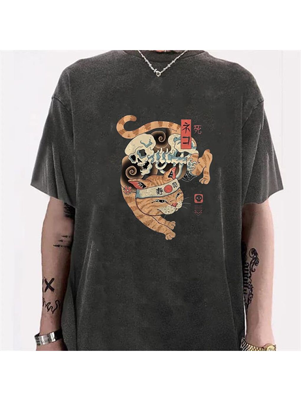 Antrasit Yıkamalı Skeleton Cat Unisex Eskitme T-shirt