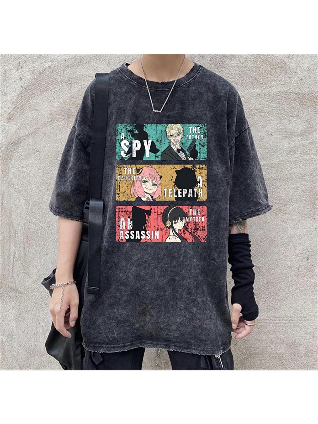 Touz Moda Antrasit Yıkamalı Triple Anime Kolaj Unisex Eskitme T-shirt - 1