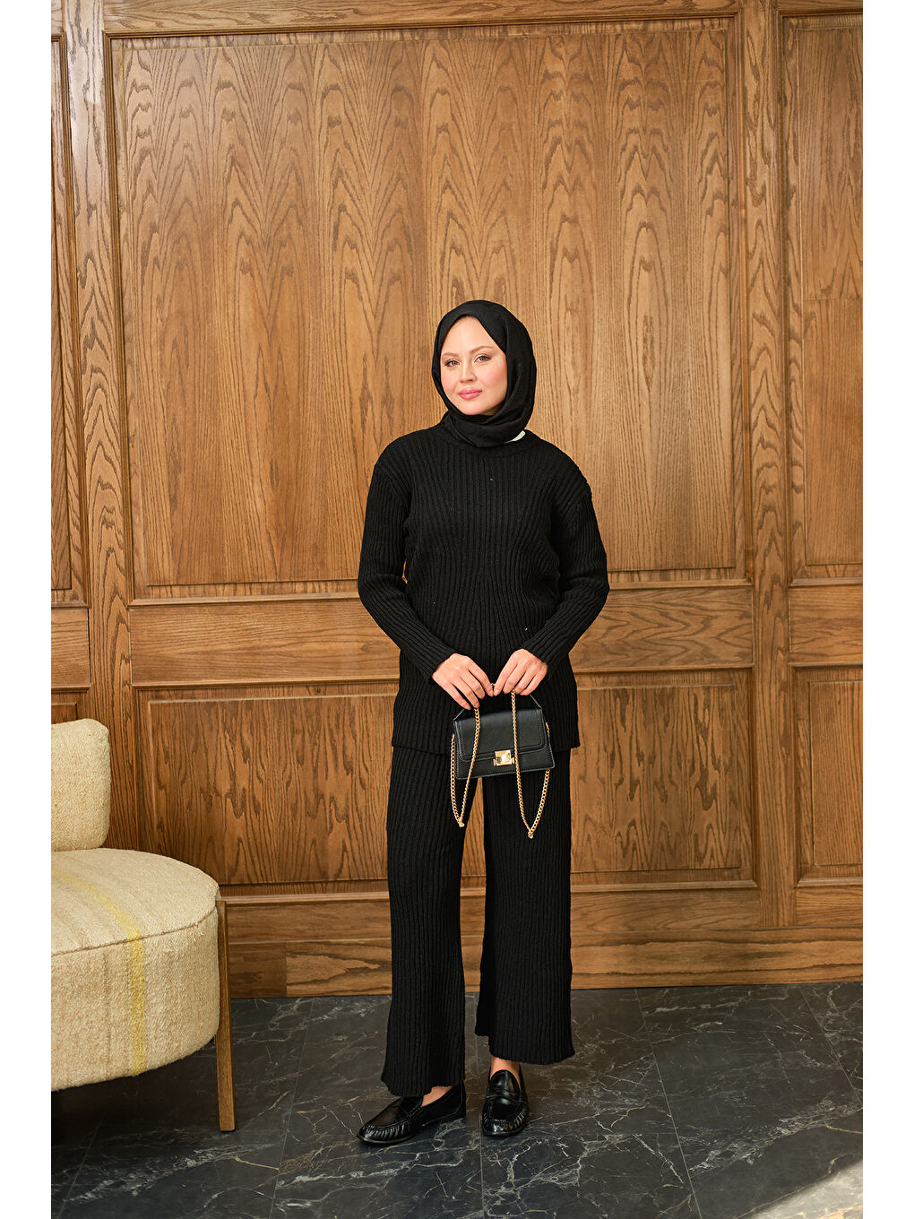 Kadın Bisiklet Yaka Triko Takım Siyah-3