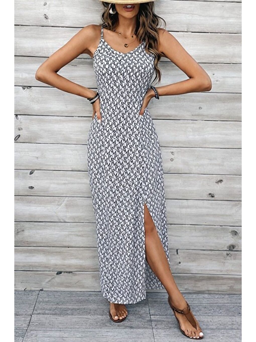 Beyaz Kadın Ip Askılı V Yakalı Yırtmaçlı Uzun Süprem Elbise-1