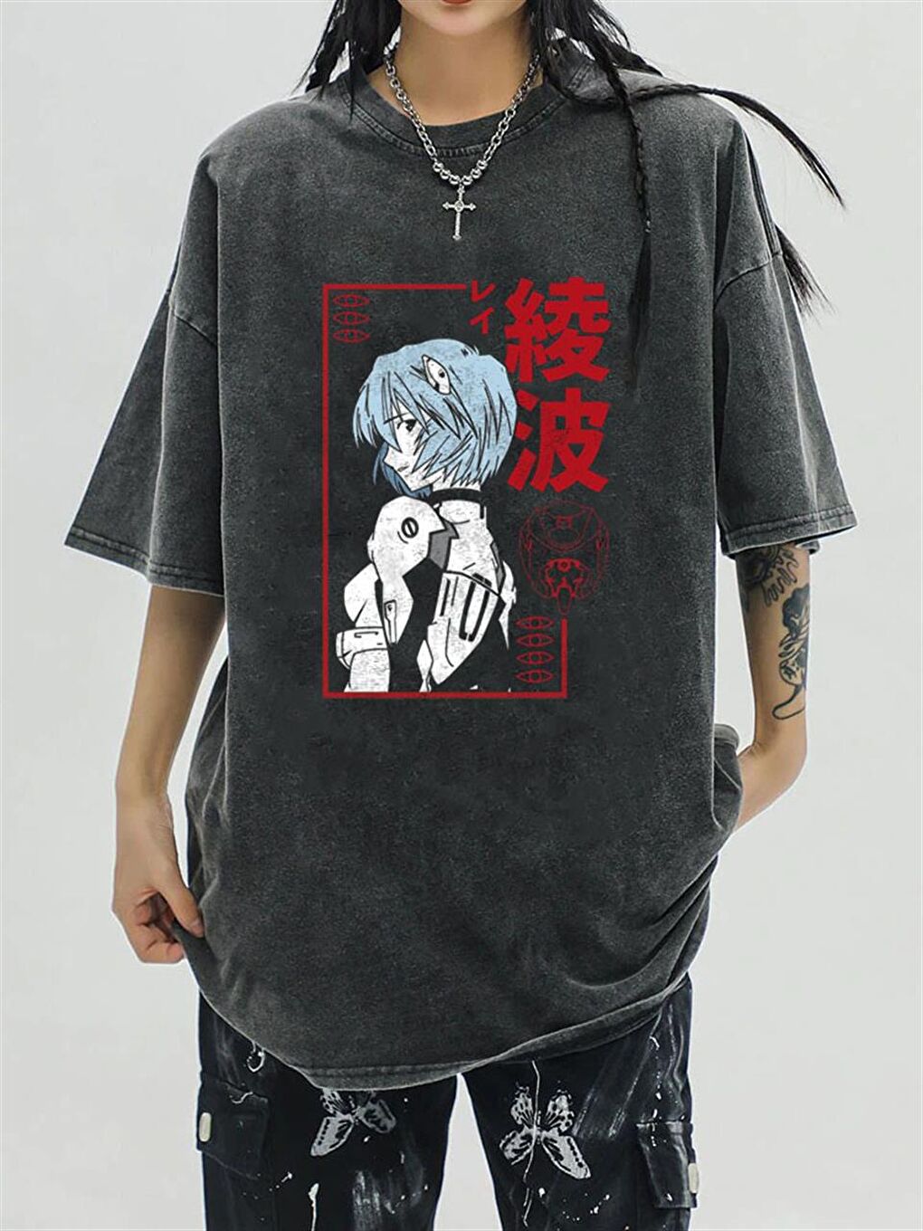 Touz Moda Antrasit Yıkamalı Rei Ayanami Unisex Eskitme T-shirt