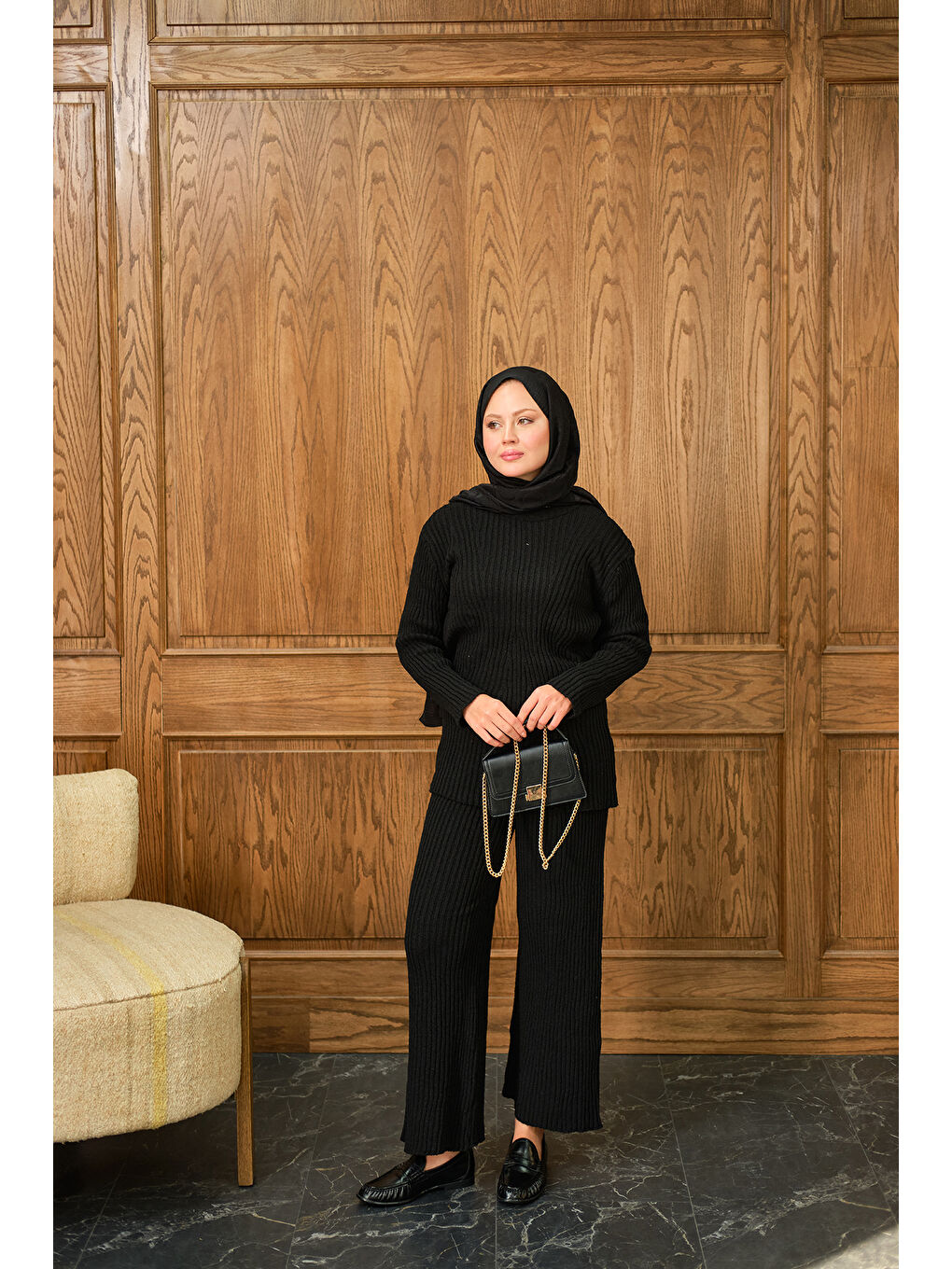 Kadın Bisiklet Yaka Triko Takım Siyah-4