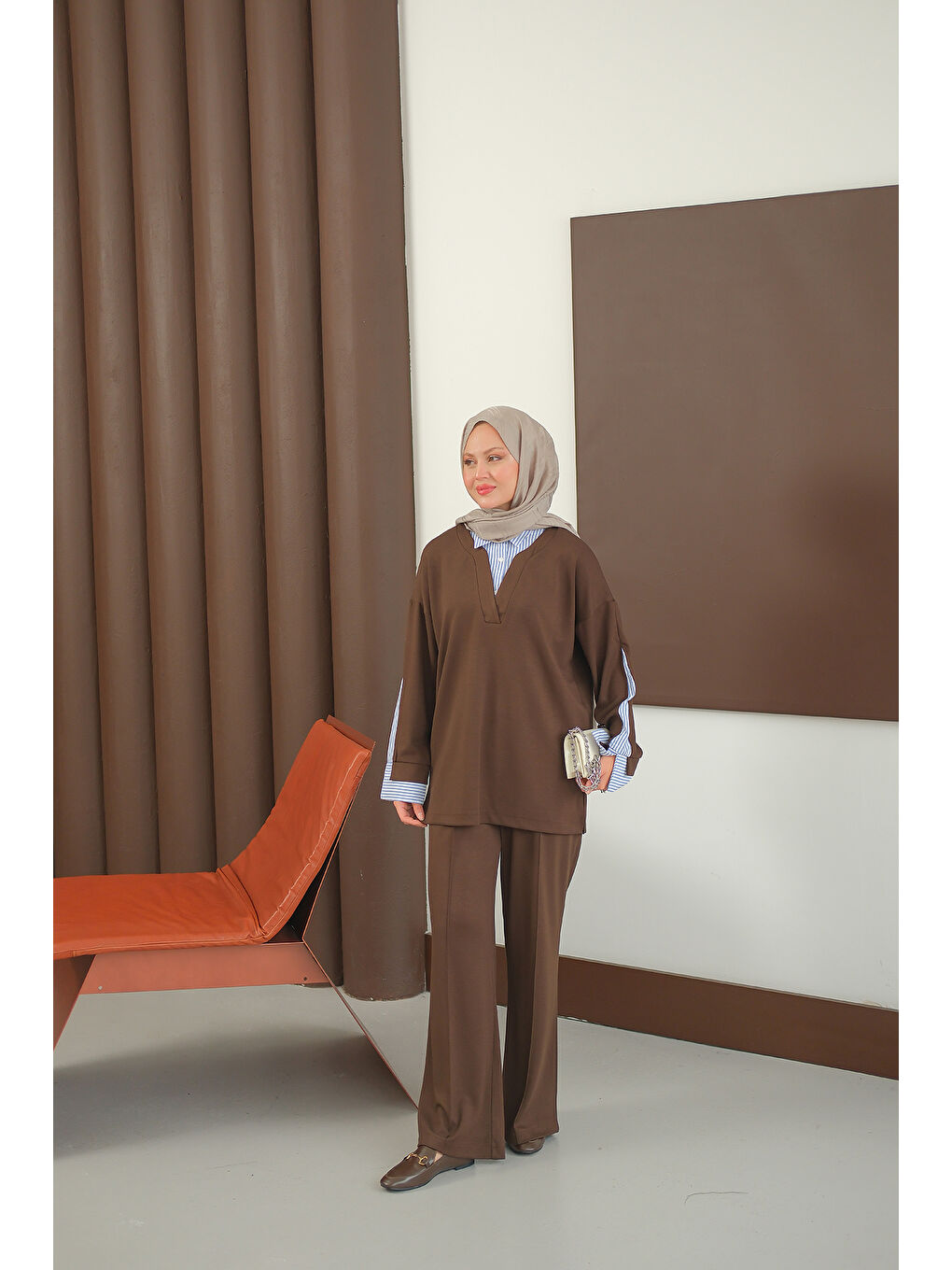 Kadın Gömlek Detay Takım Kahverengi-1