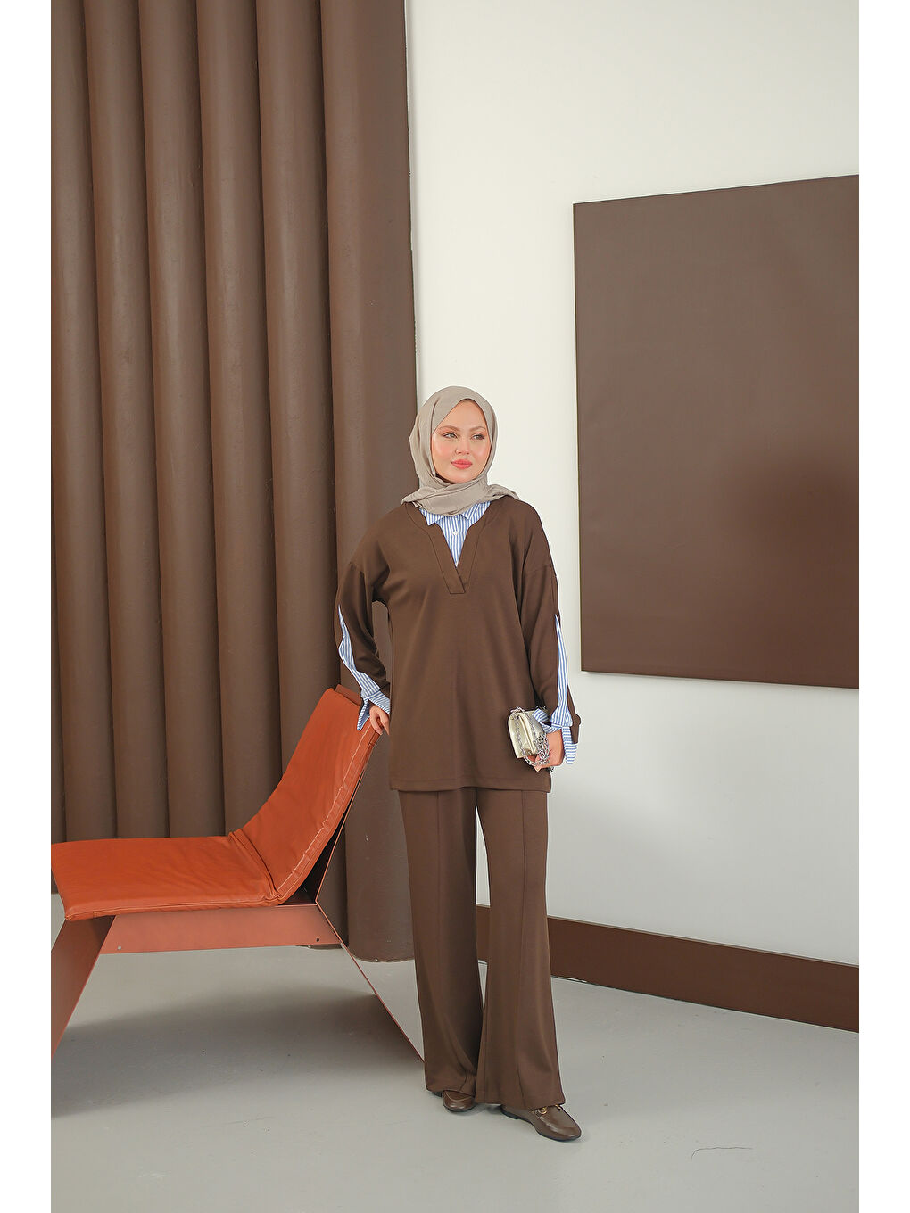Kadın Gömlek Detay Takım Kahverengi-3