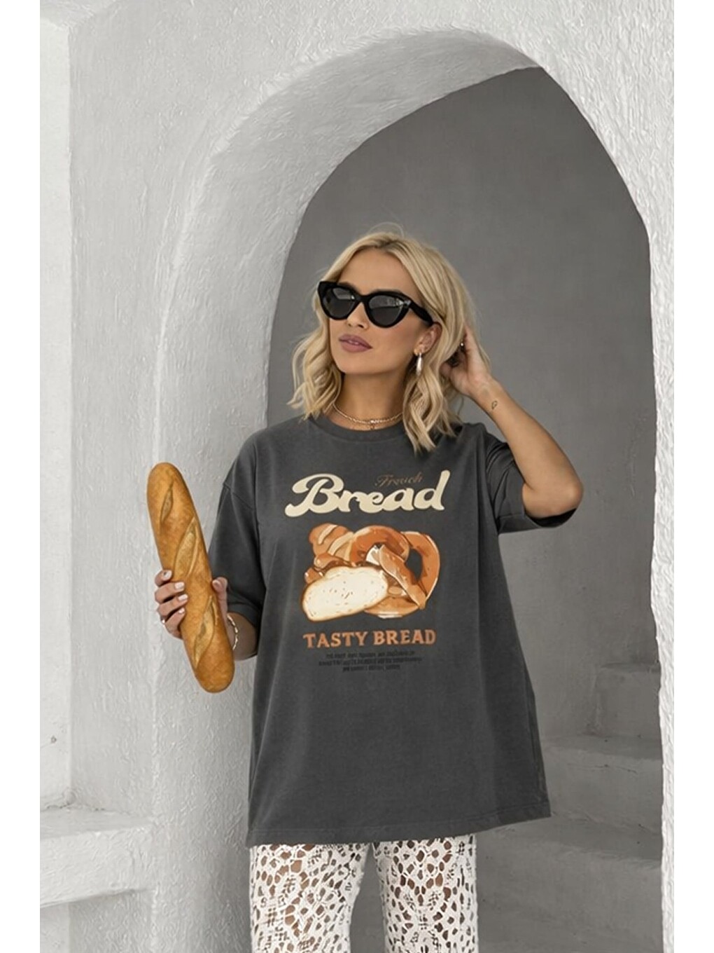 Antrasit Kadın Premium Kumaş Baskılı Oversize T-Shirt