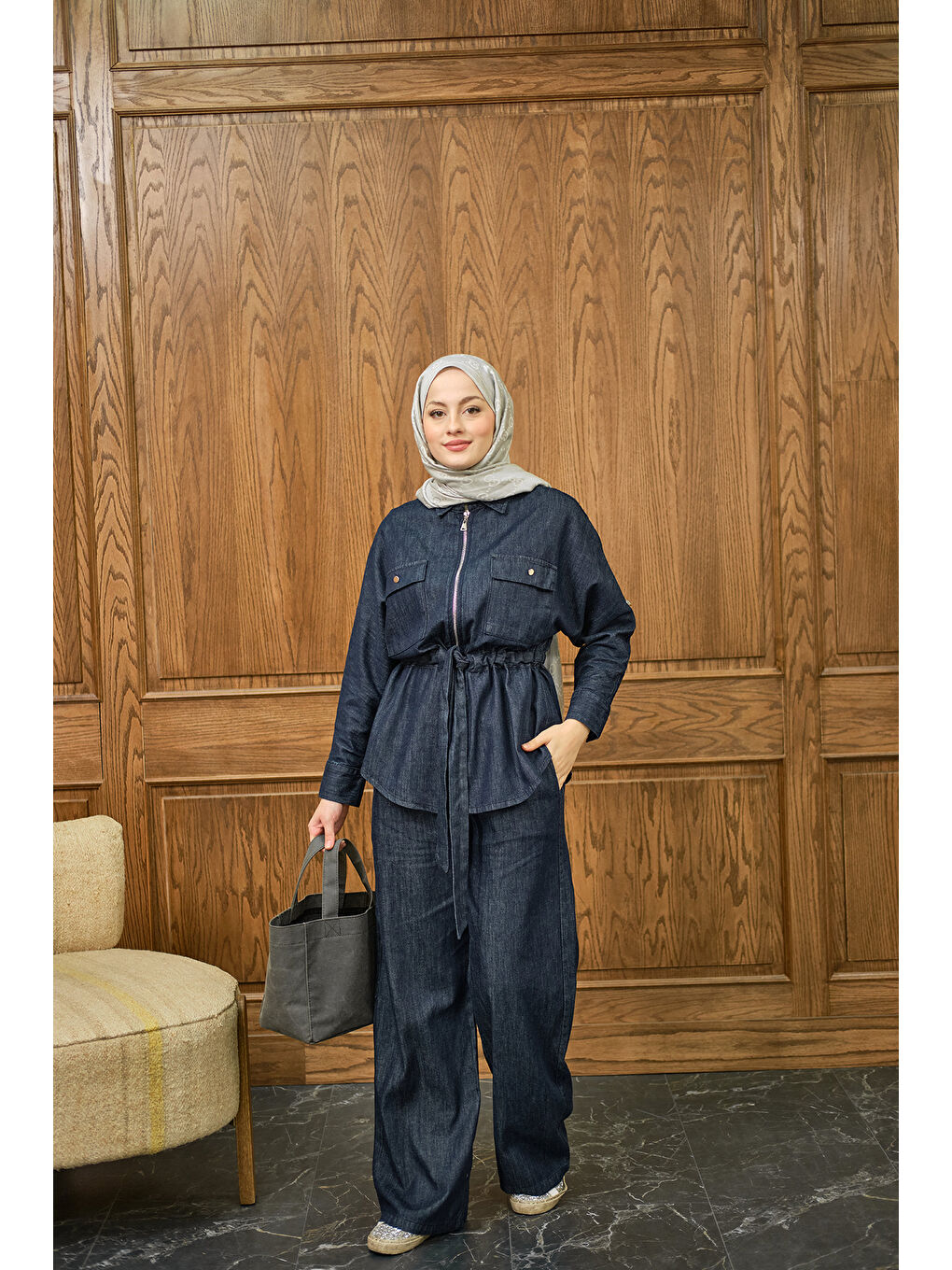 Kadın Fermuarlı Jean Takım Lacivert-2