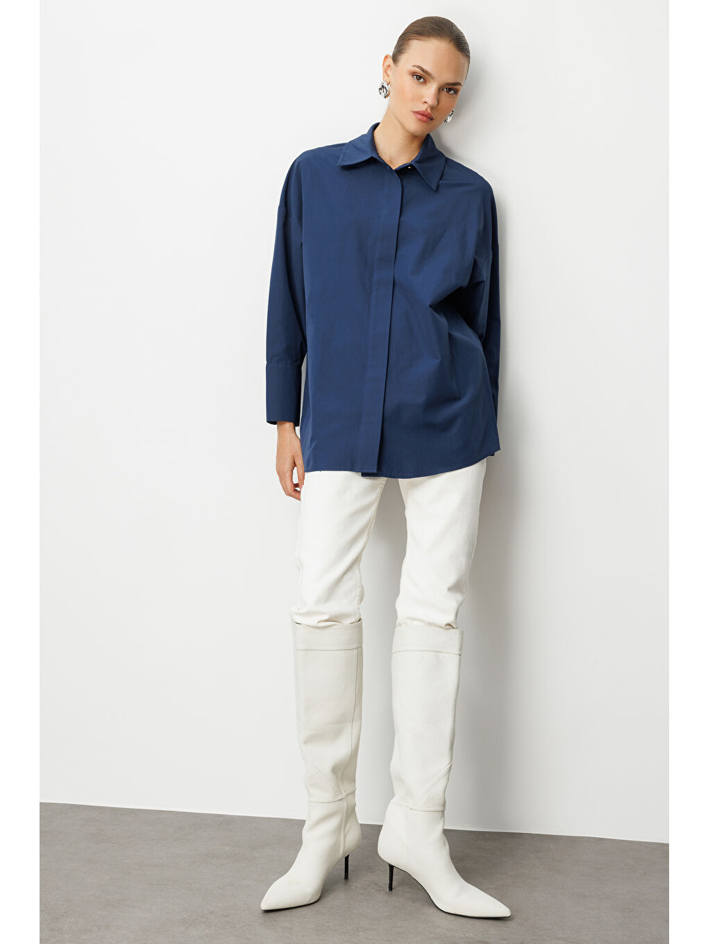 Geniş Patlı Pamuklu Lacivert Tunik