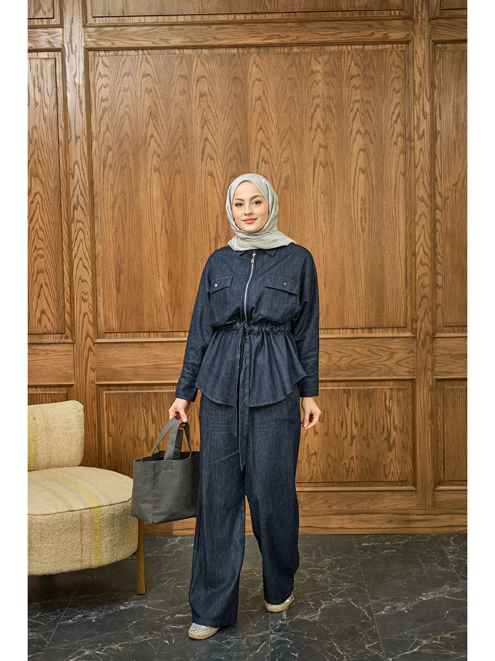 Kadın Fermuarlı Jean Takım Lacivert-3