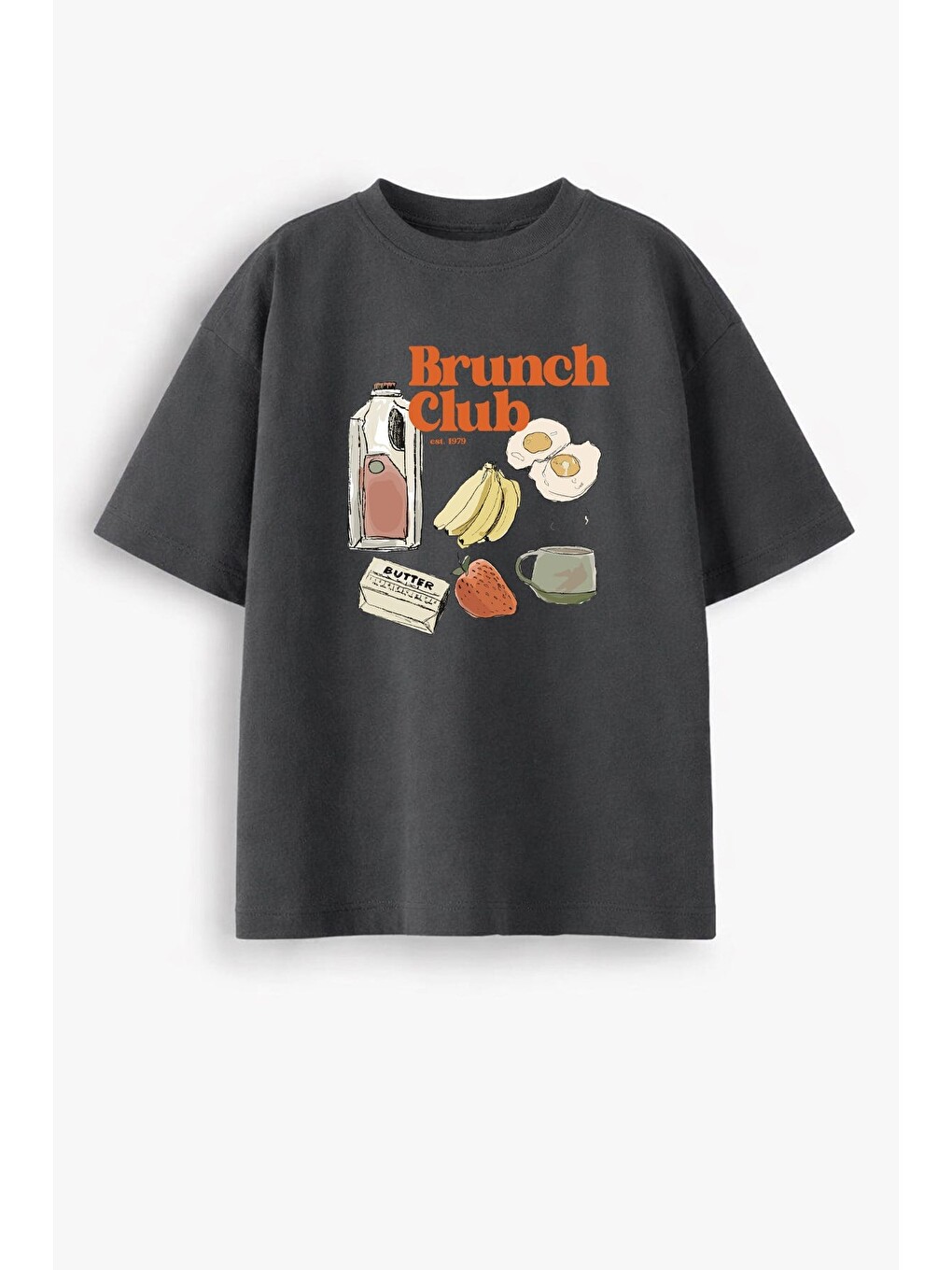 Antrasit Kadın Premium Kumaş Baskılı Oversize T-Shirt