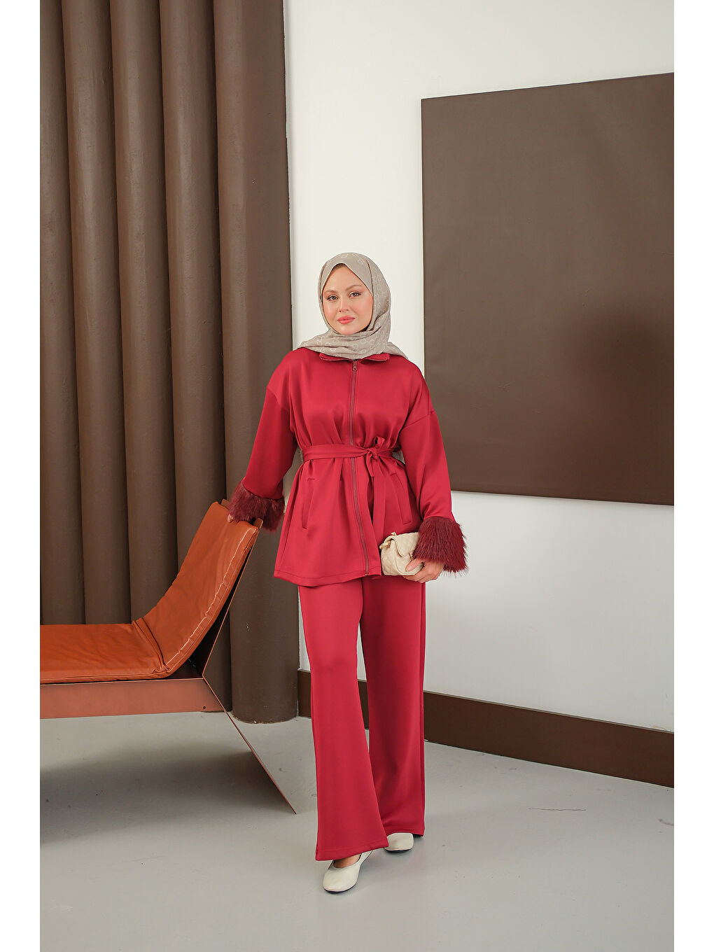 Kadın Kürk Detay Bel Bağlamalı Takım Bordo-1