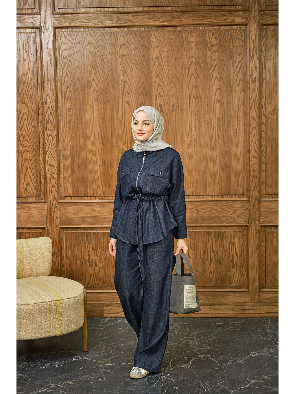 Kadın Fermuarlı Jean Takım Lacivert-4