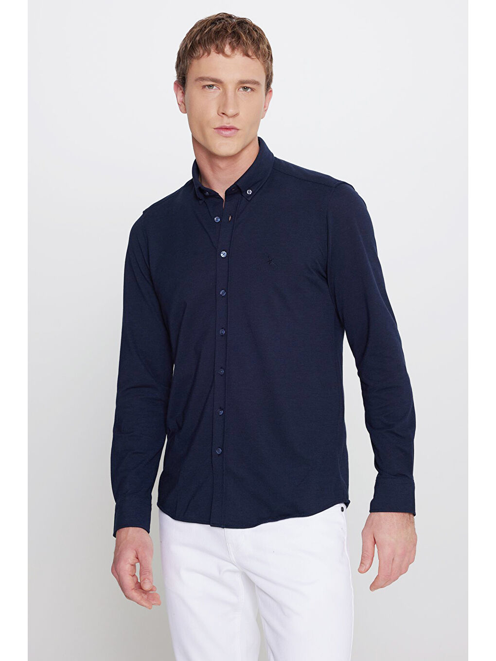 Erkek Lacivert 360 Her Yöne Esneyen Pamuklu Tailored Slim Fit Dar Kesim Düğmeli Yaka Örme Gömlek-2