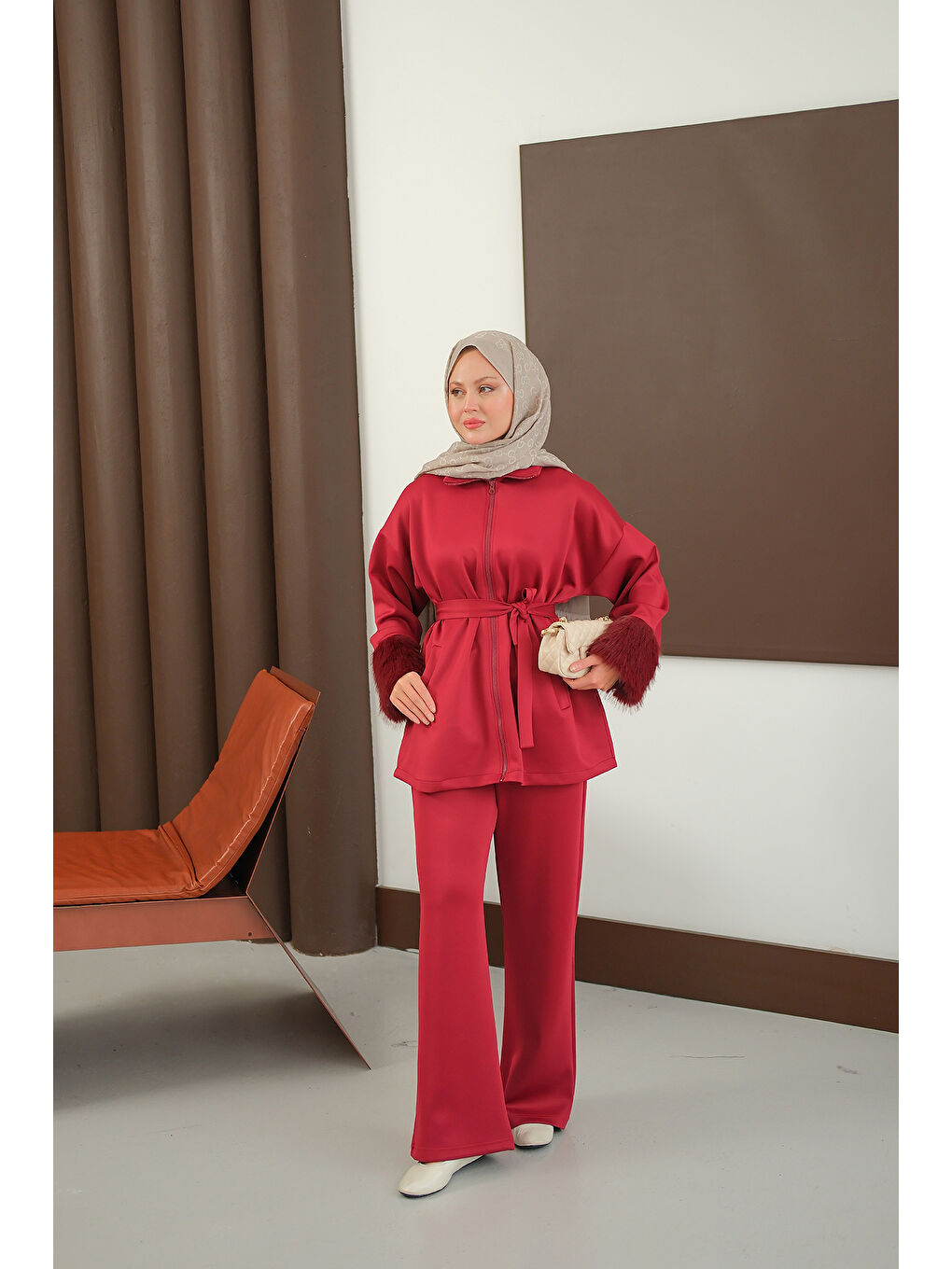 Kadın Kürk Detay Bel Bağlamalı Takım Bordo-2