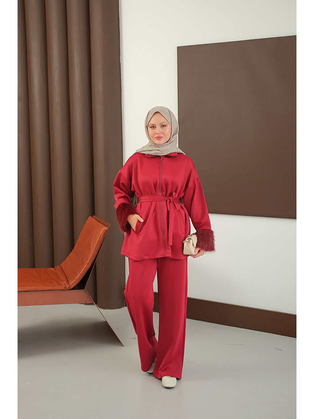 Kadın Kürk Detay Bel Bağlamalı Takım Bordo-3