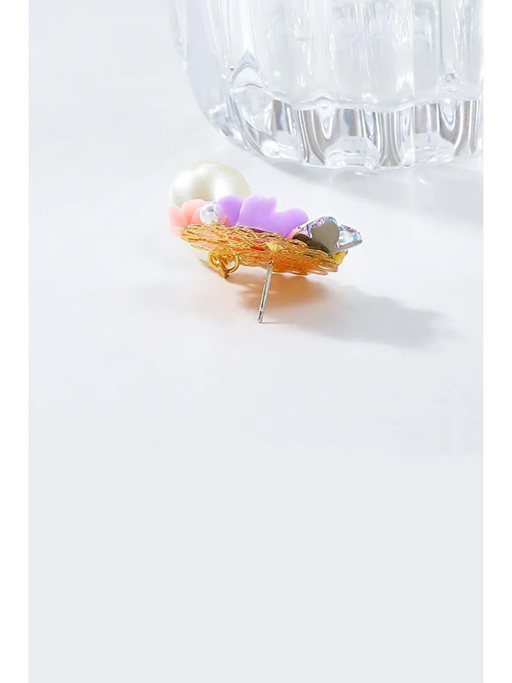 Pembe Zarif Mineli Çiçekli İnci Sallantılı Küpe-6