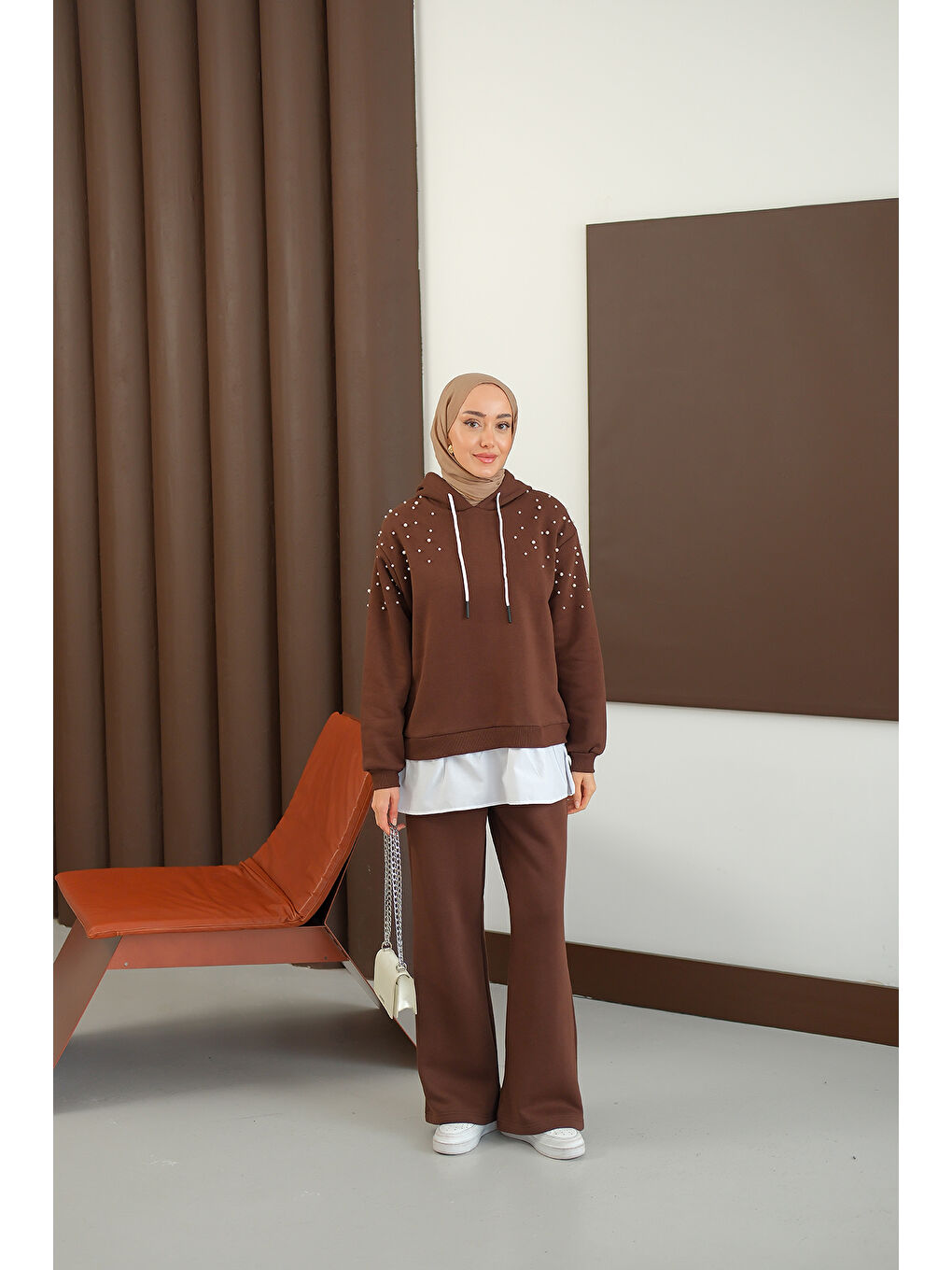 Kadın Omuzları Boncuk Detay İkili Takım Kahverengi-1