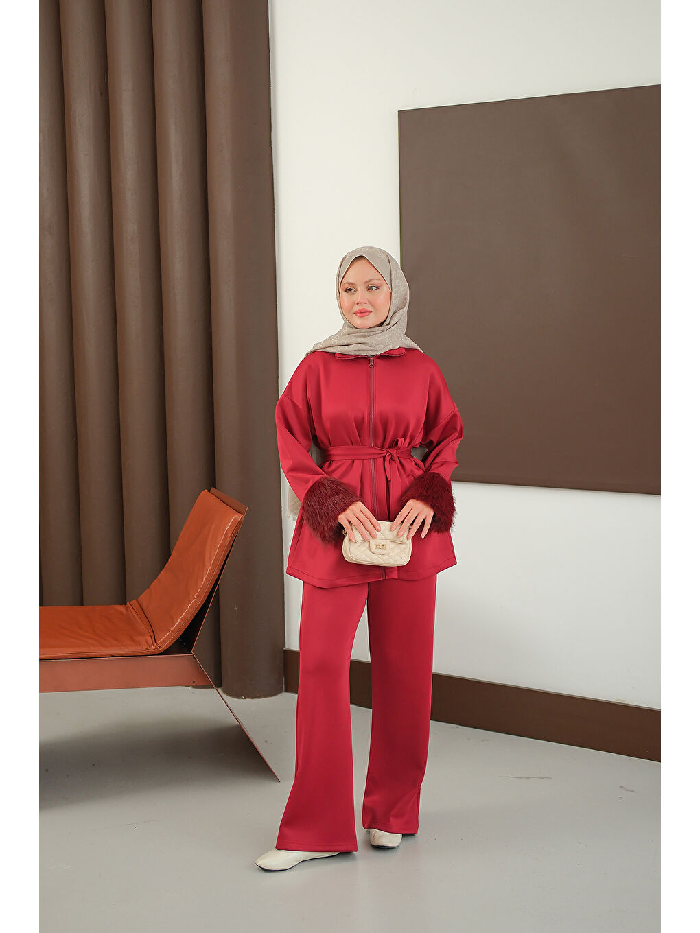 Kadın Kürk Detay Bel Bağlamalı Takım Bordo-4