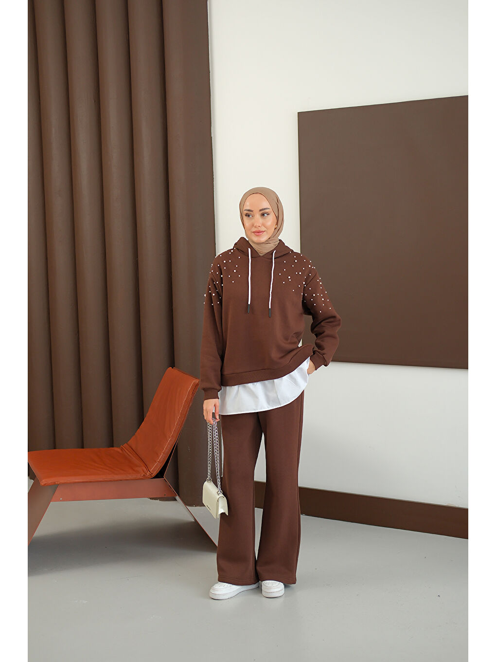 Kadın Omuzları Boncuk Detay İkili Takım Kahverengi-2