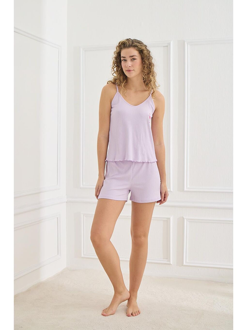 Kadın İp Askılı Kaşkorse Şort Takım | Lila 70702-940
