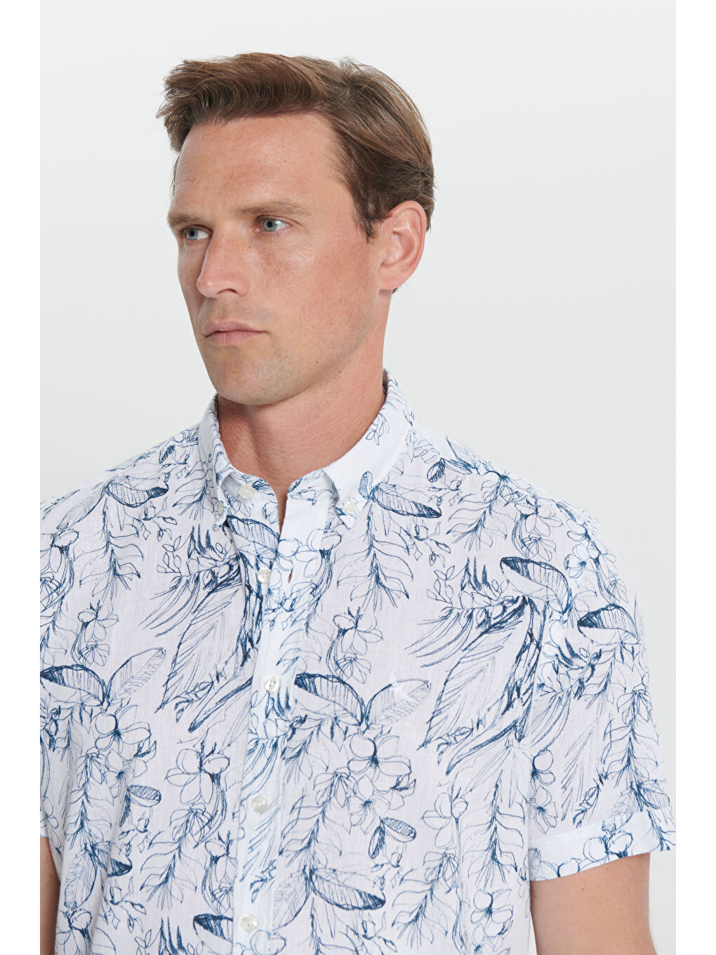 Erkek Beyaz-Lacivert Slim Fit Dar Kesim Düğmeli Yaka Keten Çizgili Gömlek-3