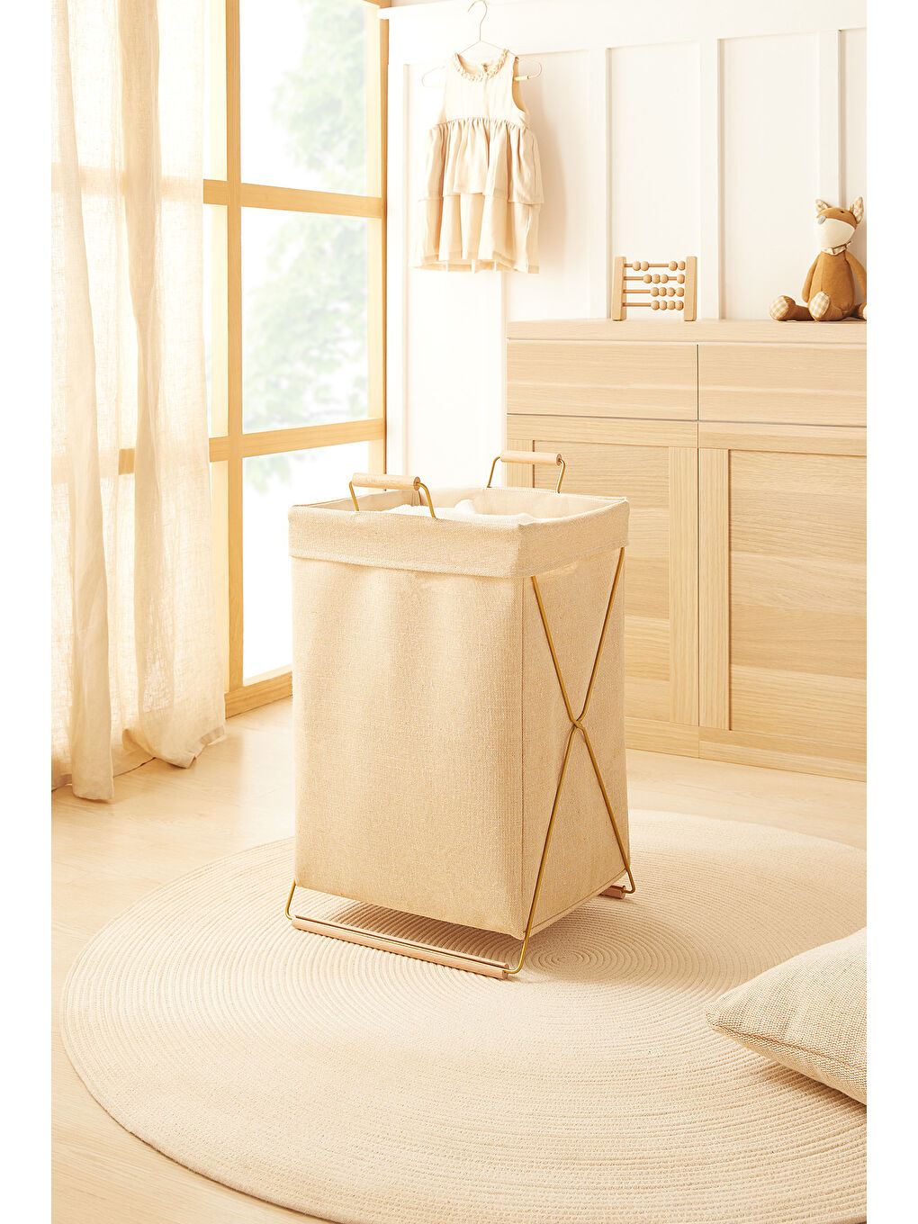 Bej Katlanabilir Metal Destekli Altın Renk Jüt Keten Çamaşır Sepeti 36 x 33 x 60 cm-3