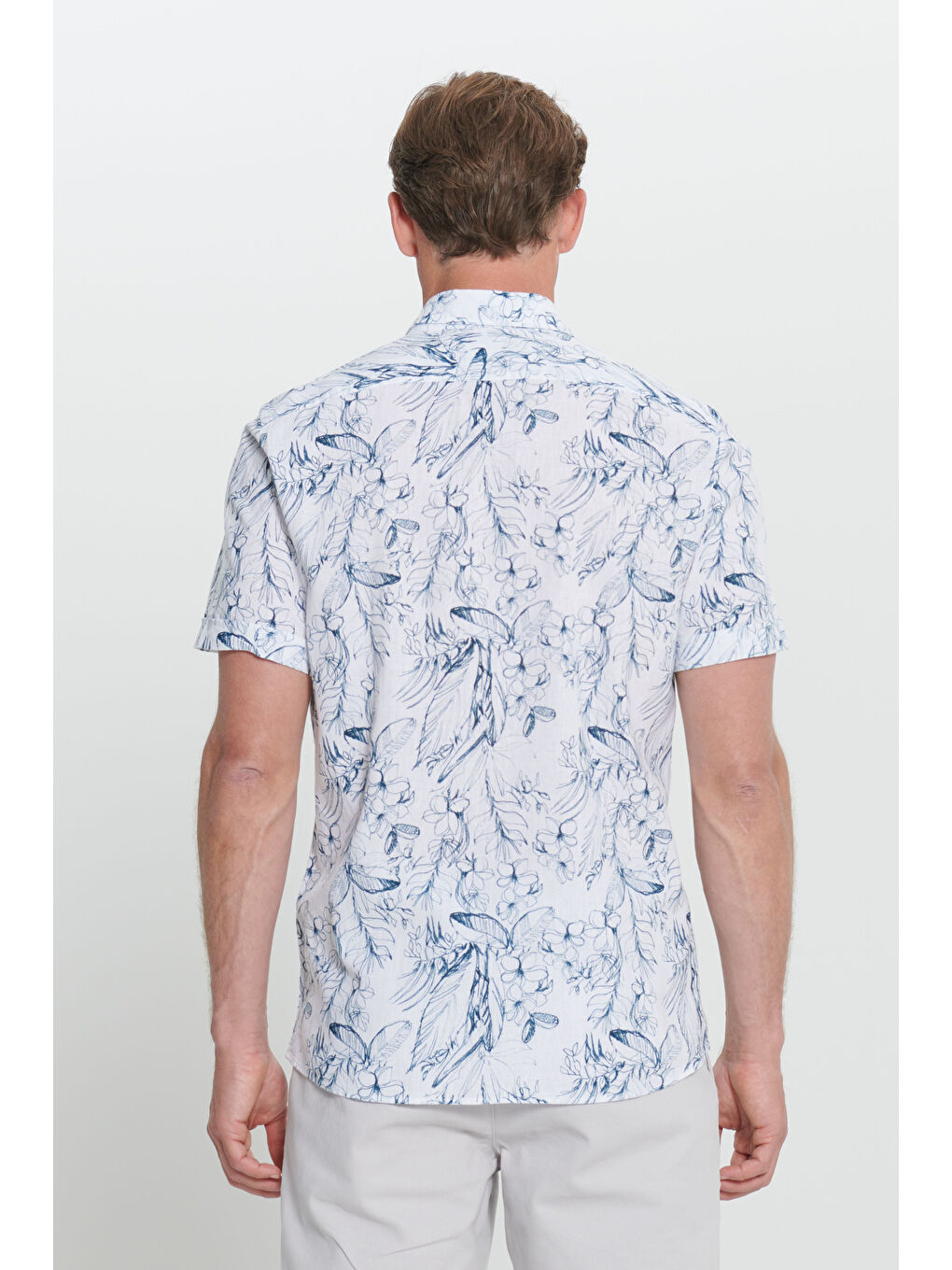 Erkek Beyaz-Lacivert Slim Fit Dar Kesim Düğmeli Yaka Keten Çizgili Gömlek-4