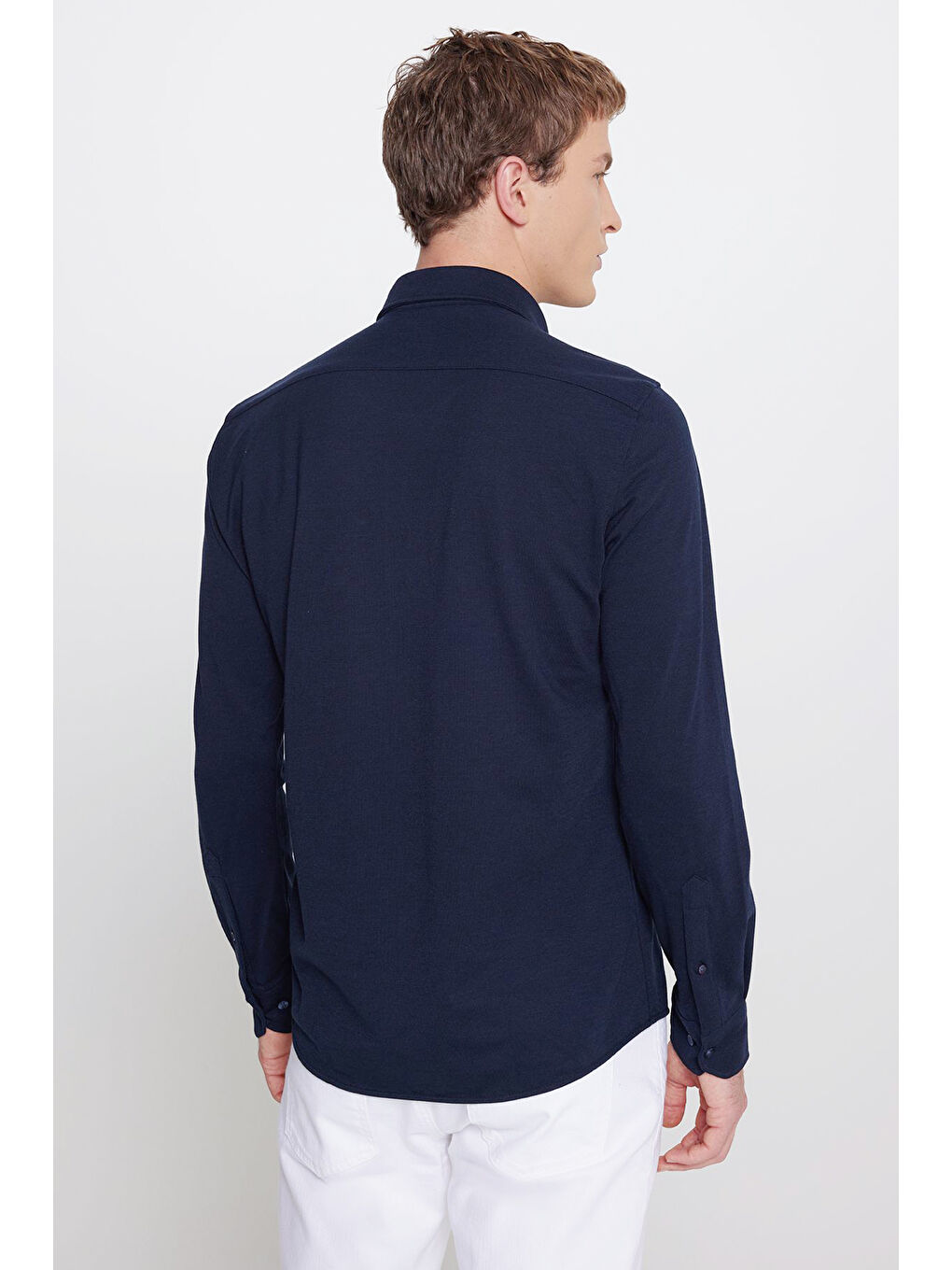 Erkek Lacivert 360 Her Yöne Esneyen Pamuklu Tailored Slim Fit Dar Kesim Düğmeli Yaka Örme Gömlek-4