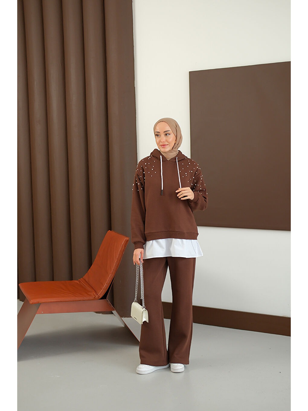 Kadın Omuzları Boncuk Detay İkili Takım Kahverengi-4