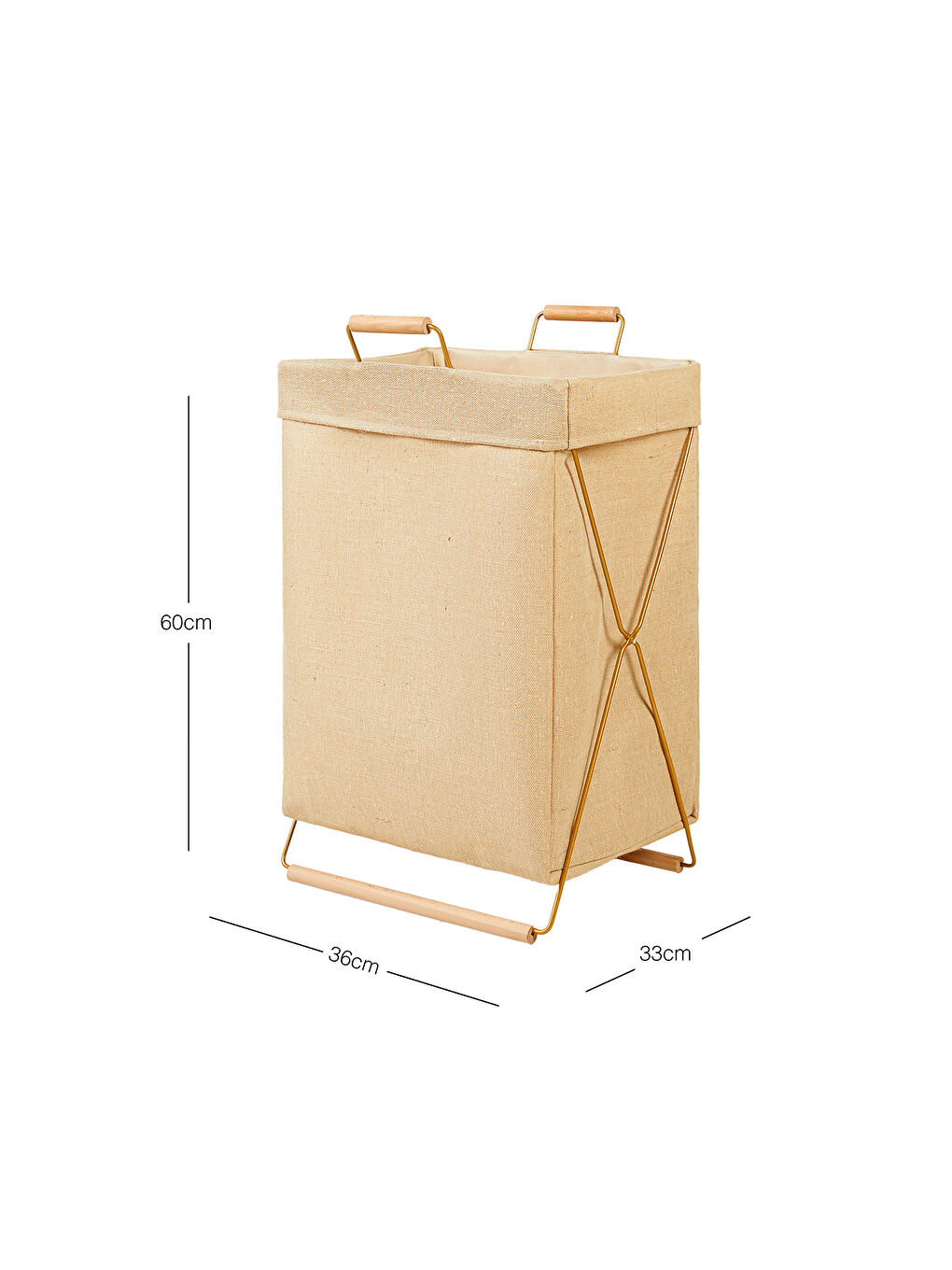 Bej Katlanabilir Metal Destekli Altın Renk Jüt Keten Çamaşır Sepeti 36 x 33 x 60 cm-6